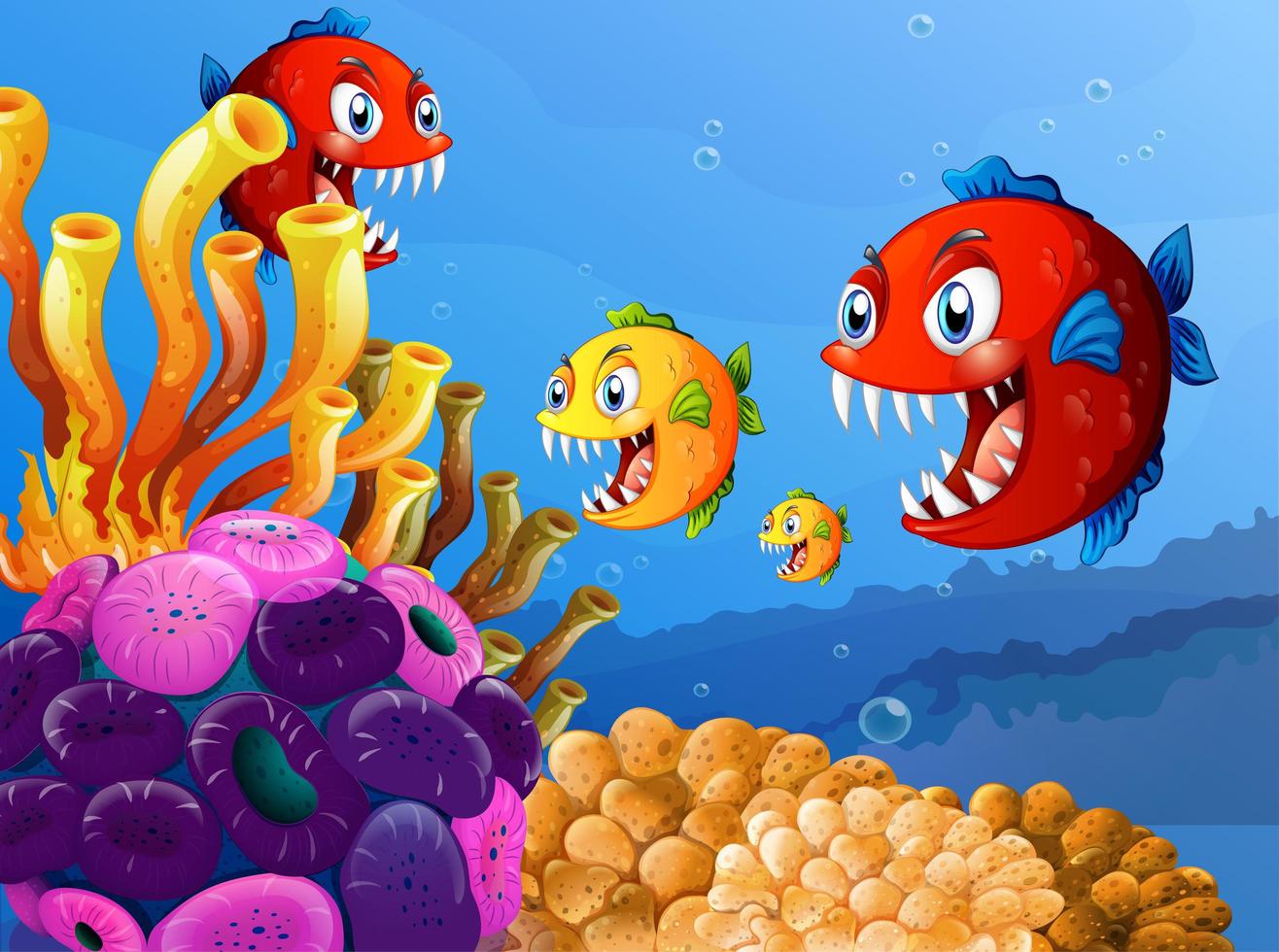1316x980 Many exotic fishes cartoon character in the underwater background