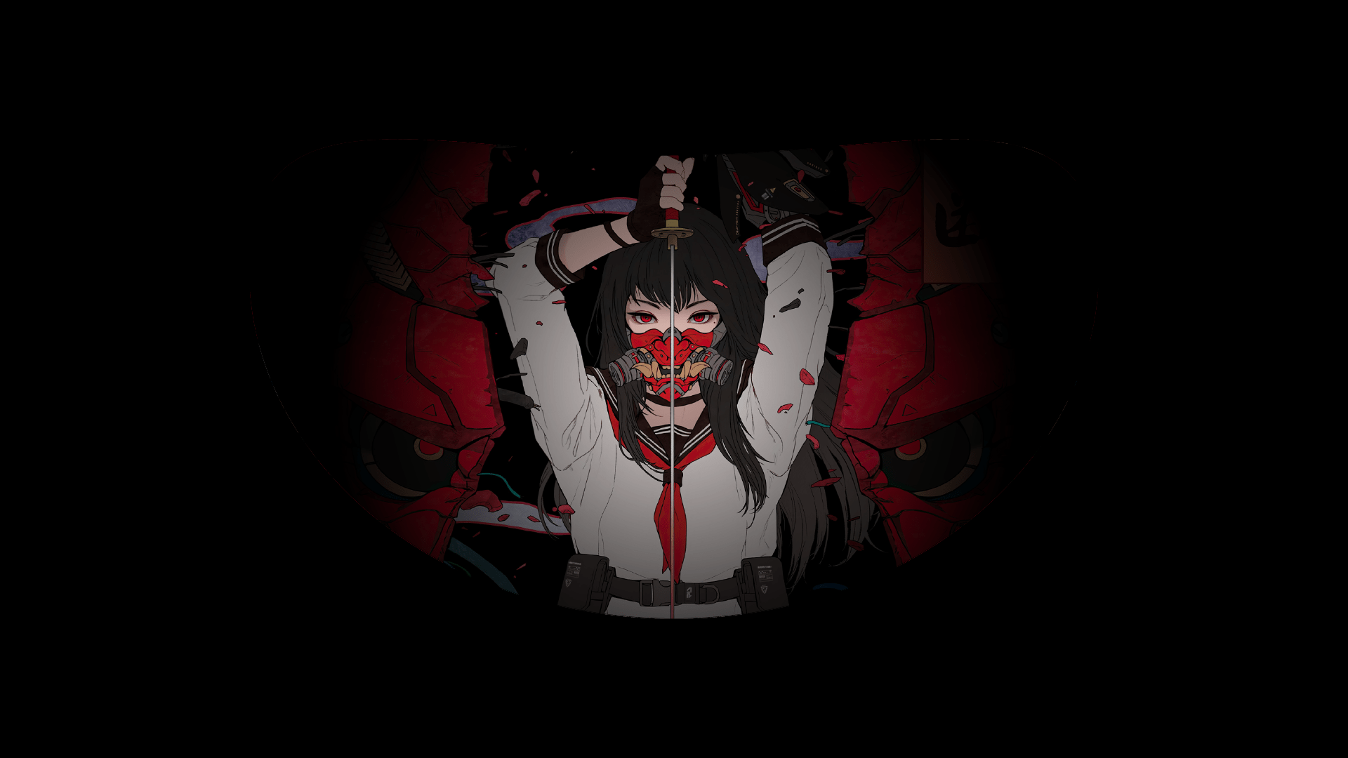 1920x1080 Samurai Anime High School Girl Katana Oni Mask 4K