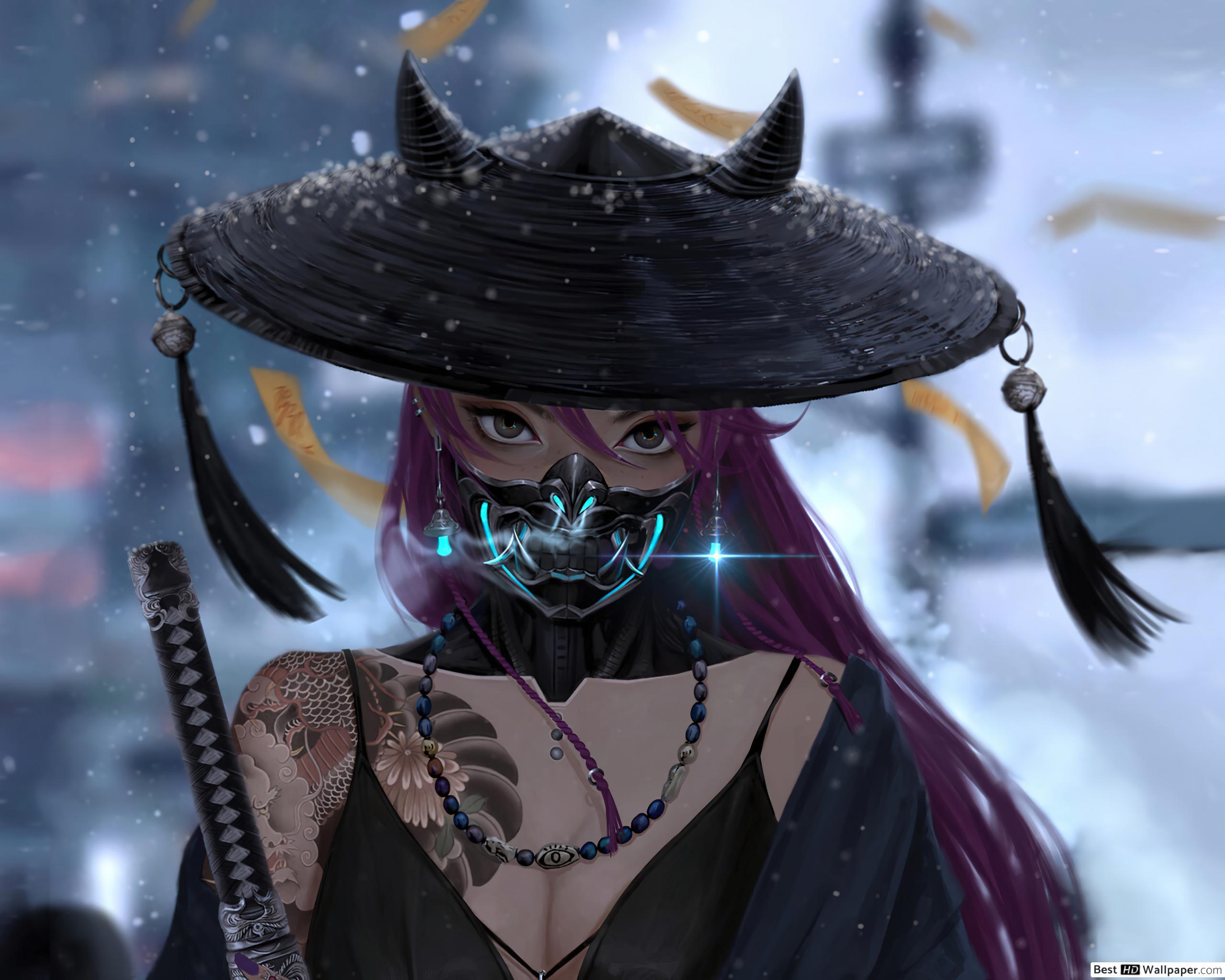 2560x2048 Oni Mask Samurai Girl (Cyberpunk Art) HD wallpaper download