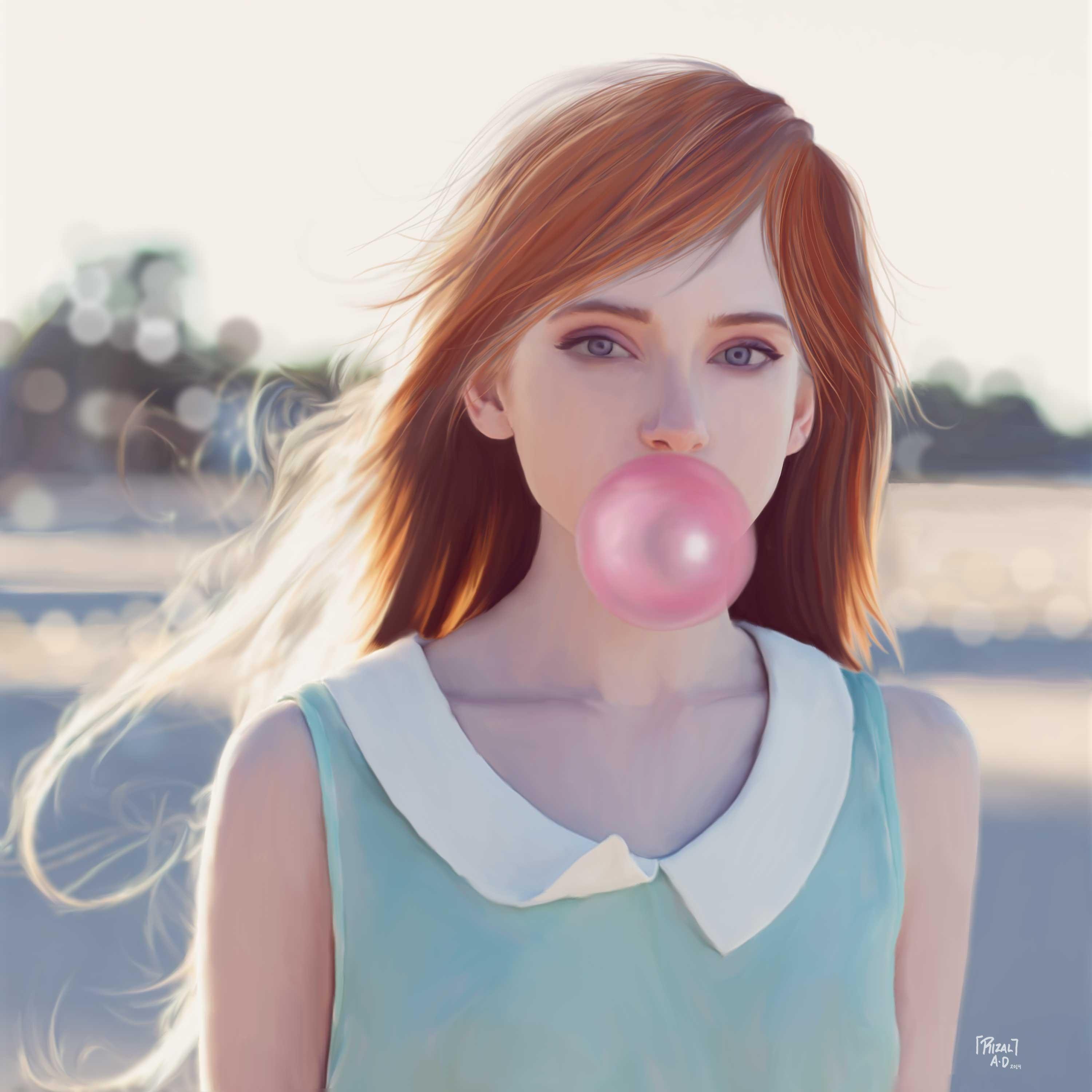 3000x3000 #redhead, #bubble gum, #drawing wallpaper. Mocah HD Wallpaper