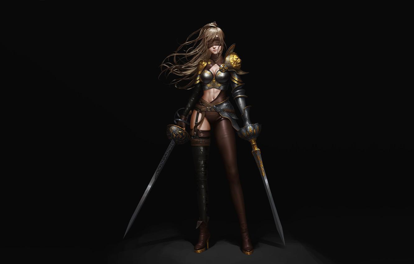 1332x850 Wallpaper Girl, Fantasy, Art, Style, Background, Illustration, Minimalism, Armor, Swords, Character, Swordsmen, kongjian bo image for desktop, section минимализм