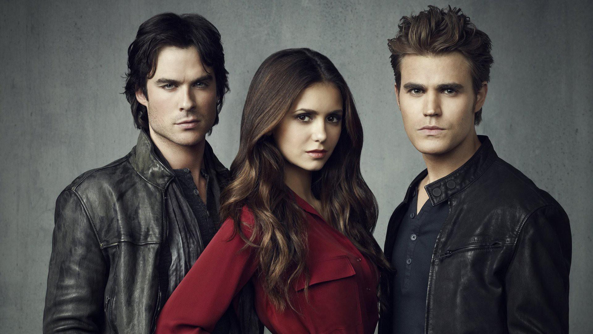 1920x1080 Damon Salvatore Is Wearing Black Coat Stefan Salvatore Elena Gilbert In Red Dress HD The Vampire Diaries Wallpaper