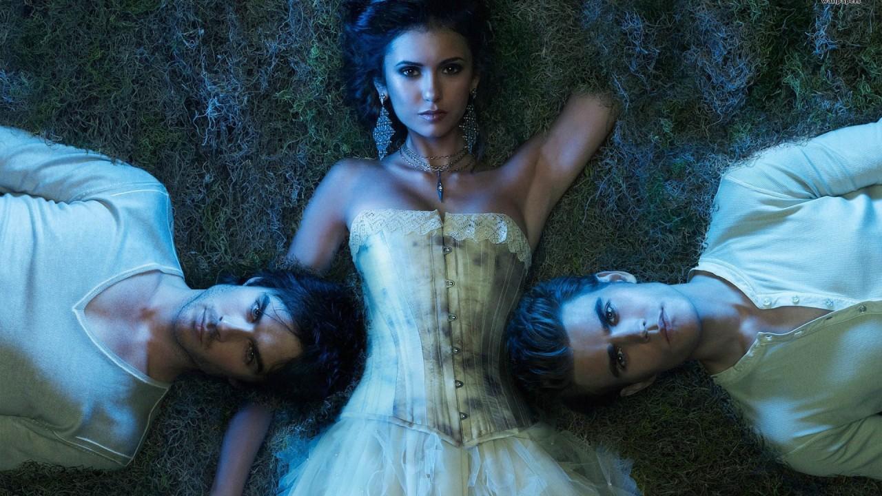 1280x720 Damon Salvatore Stefan Salvatore Elena Gilbert Lying Down On Green Grass HD The Vampire Diaries Wallpaper