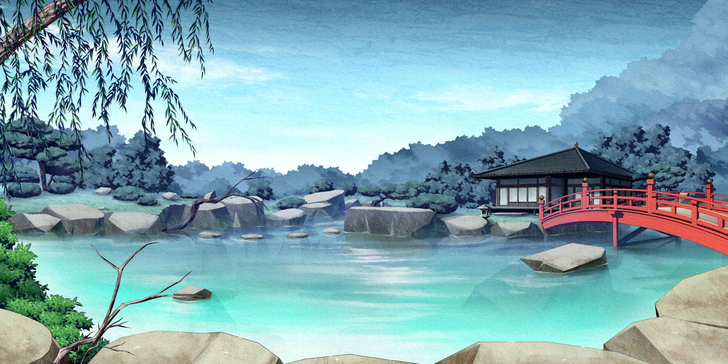 2400x1200 Japanese Landscape Anime Wallpaper