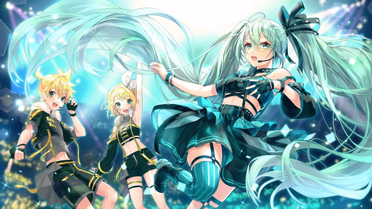 1500x844 shinotarou (nagunaguex) vocaloid hatsune miku kagamine len kagamine rin garter stockings thighhighs wallpaper
