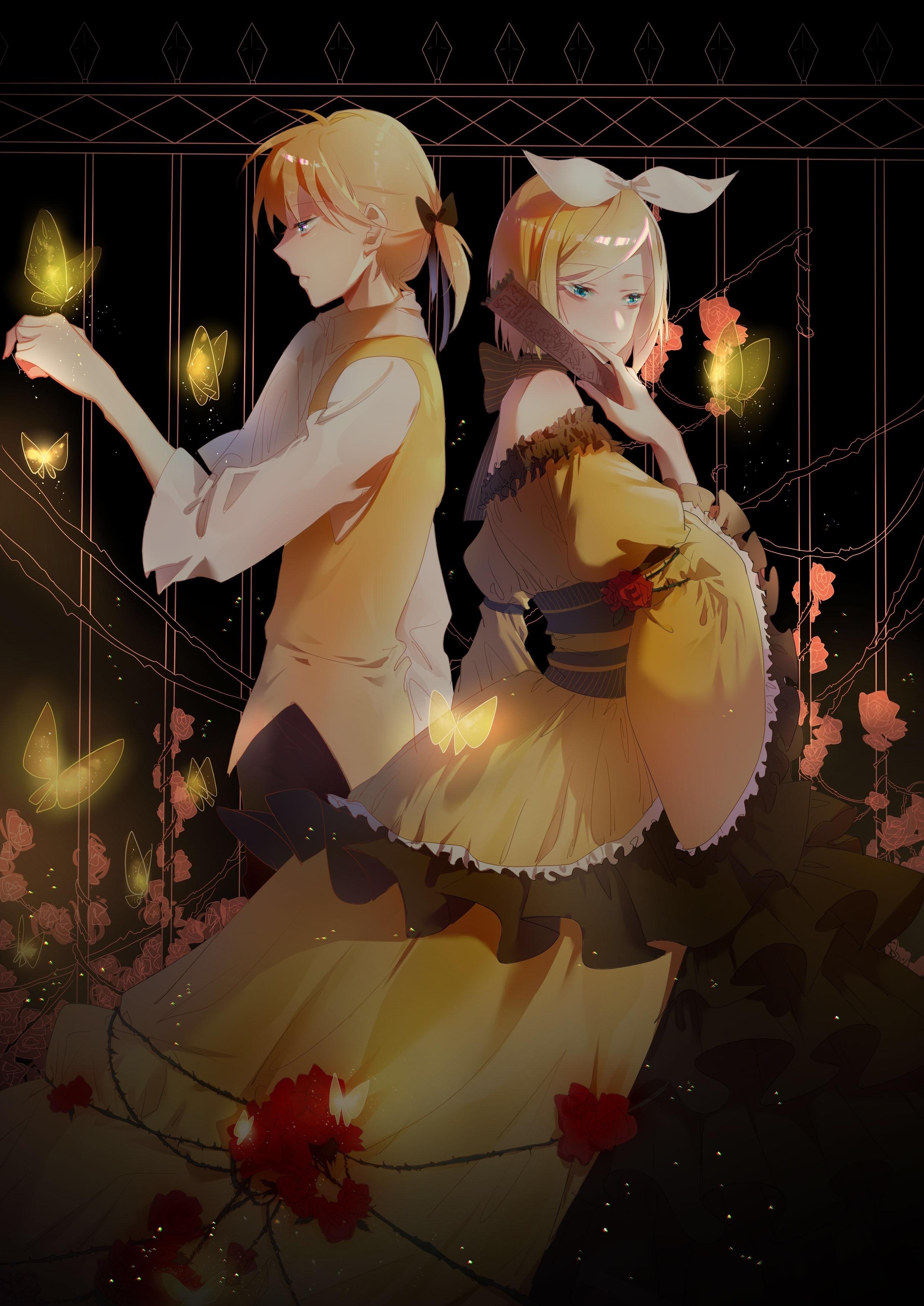2480x3507 Wallpaper Kagamine Rin, Profile View, Dress, Vocaloid, Butterflies, Blonde, Kagamine Len:2480x3507