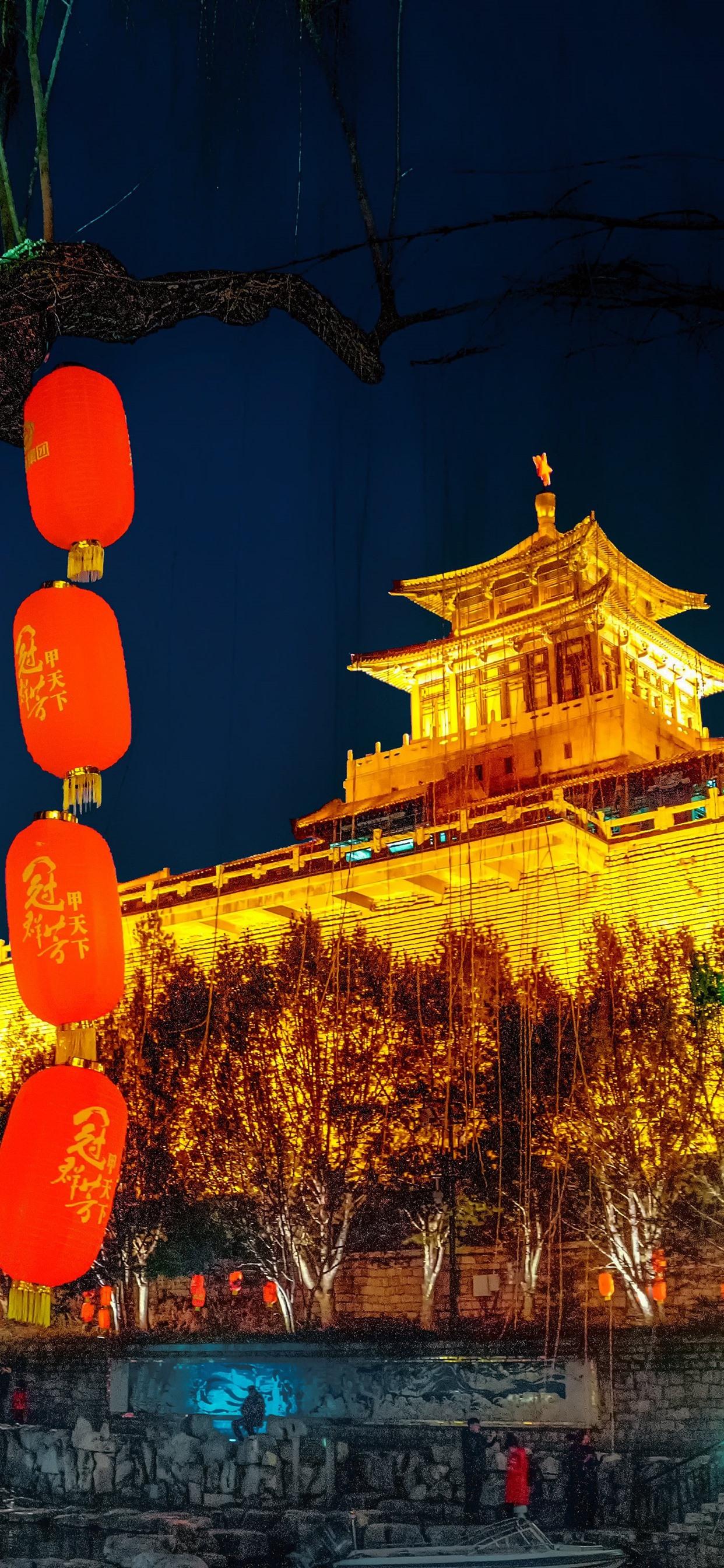 1242x2688 iPhone Wallpaper Ancient City Building, Lanterns, Night