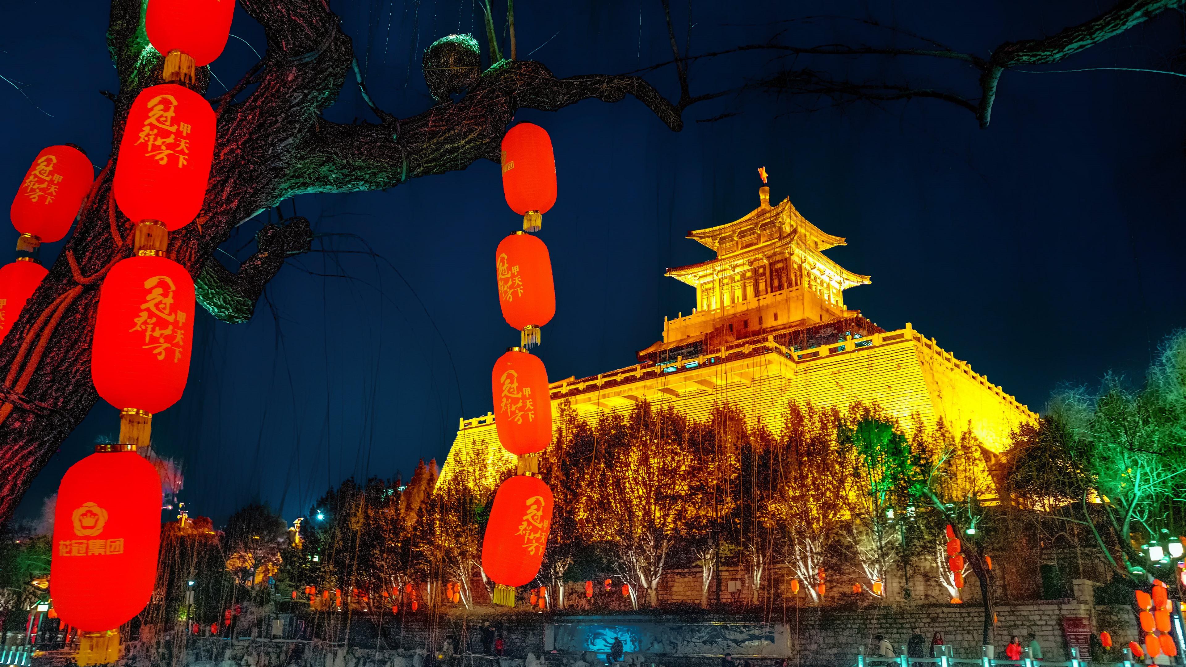 3840x2160 Wallpaper Ancient city building, lanterns, night, lights, China 3840x2160 UHD 4K Picture, Image