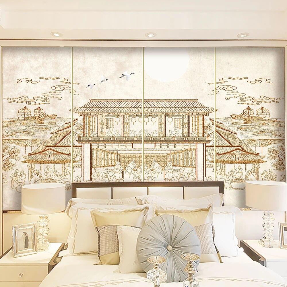 1000x1000 Custom Mural Wallpaper New Chinese Style Hand Painted Ancient Building Background Wall Painting. Wallpaper