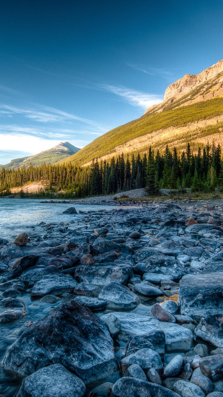 938x1668 Wallpaper Rocky Mountains, River, Stones, Athabasca