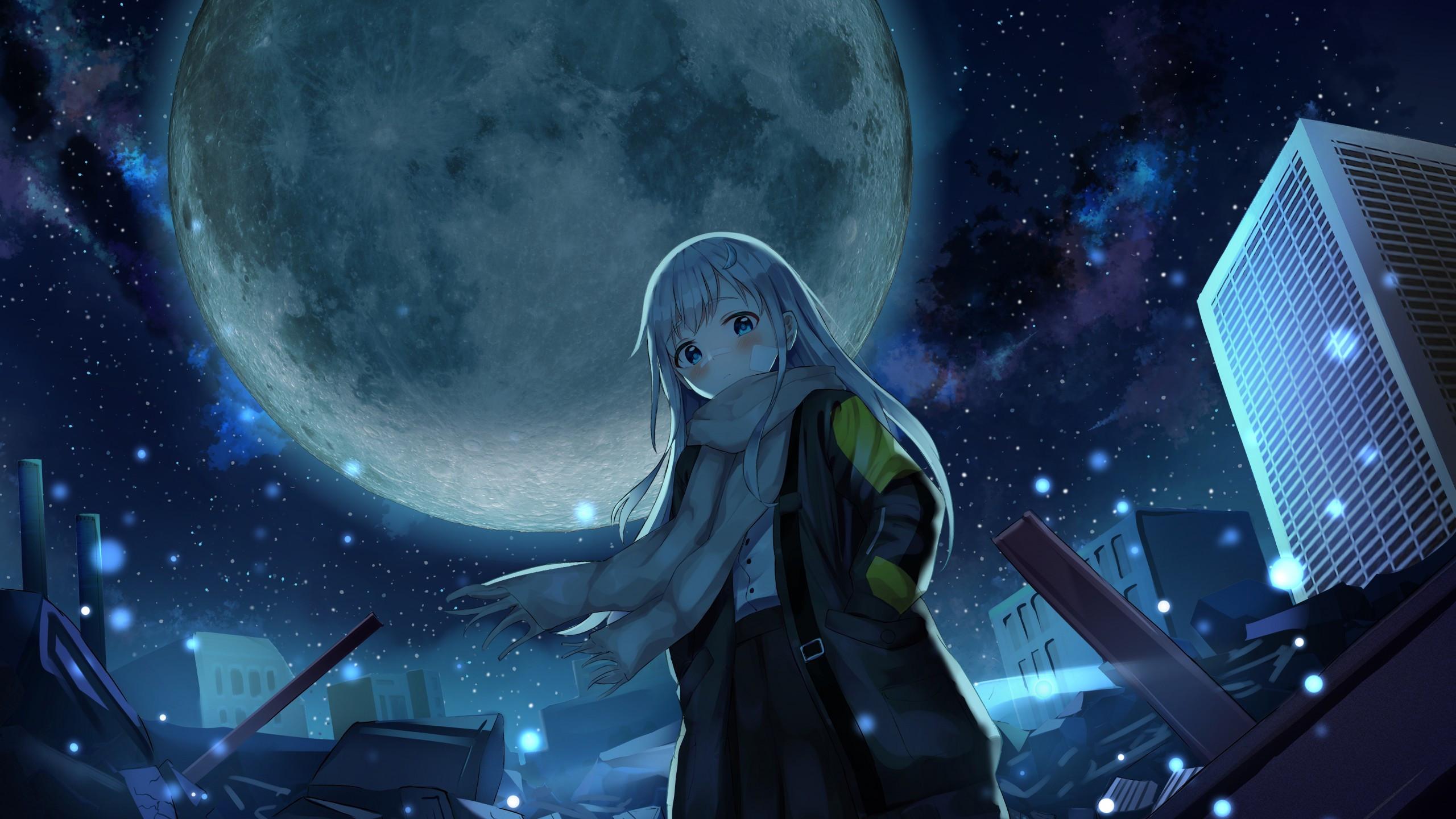 2560x1440 Download 2560x1440 Anime Night, Giant Moon, Starry Sky, Anime Girl, Winter Wallpaper for iMac 27 inch