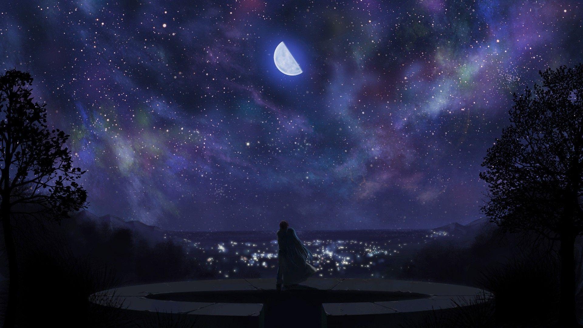 1920x1080 Moon Sky Anime Wallpaper