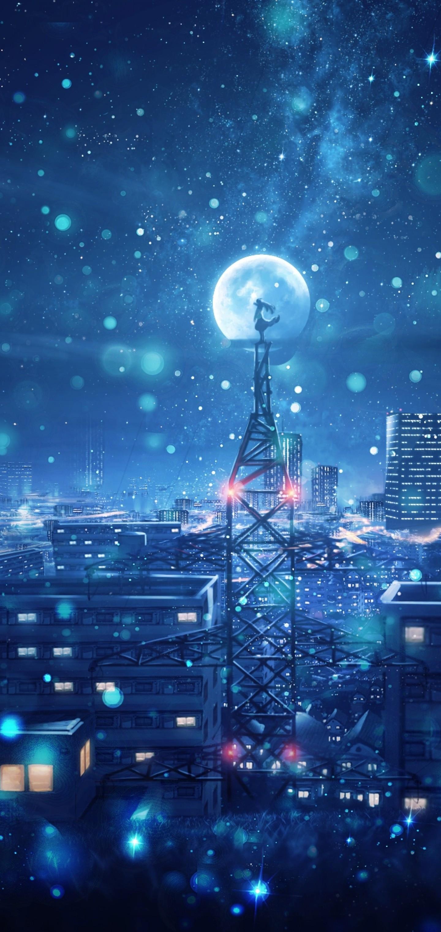 1440x3040 Download 1440x3040 Anime City, Night, Moon, Stars, Sky, Scenic, Girl, Towers Wallpaper for Samsung Galaxy Note Plus & S10 Plus