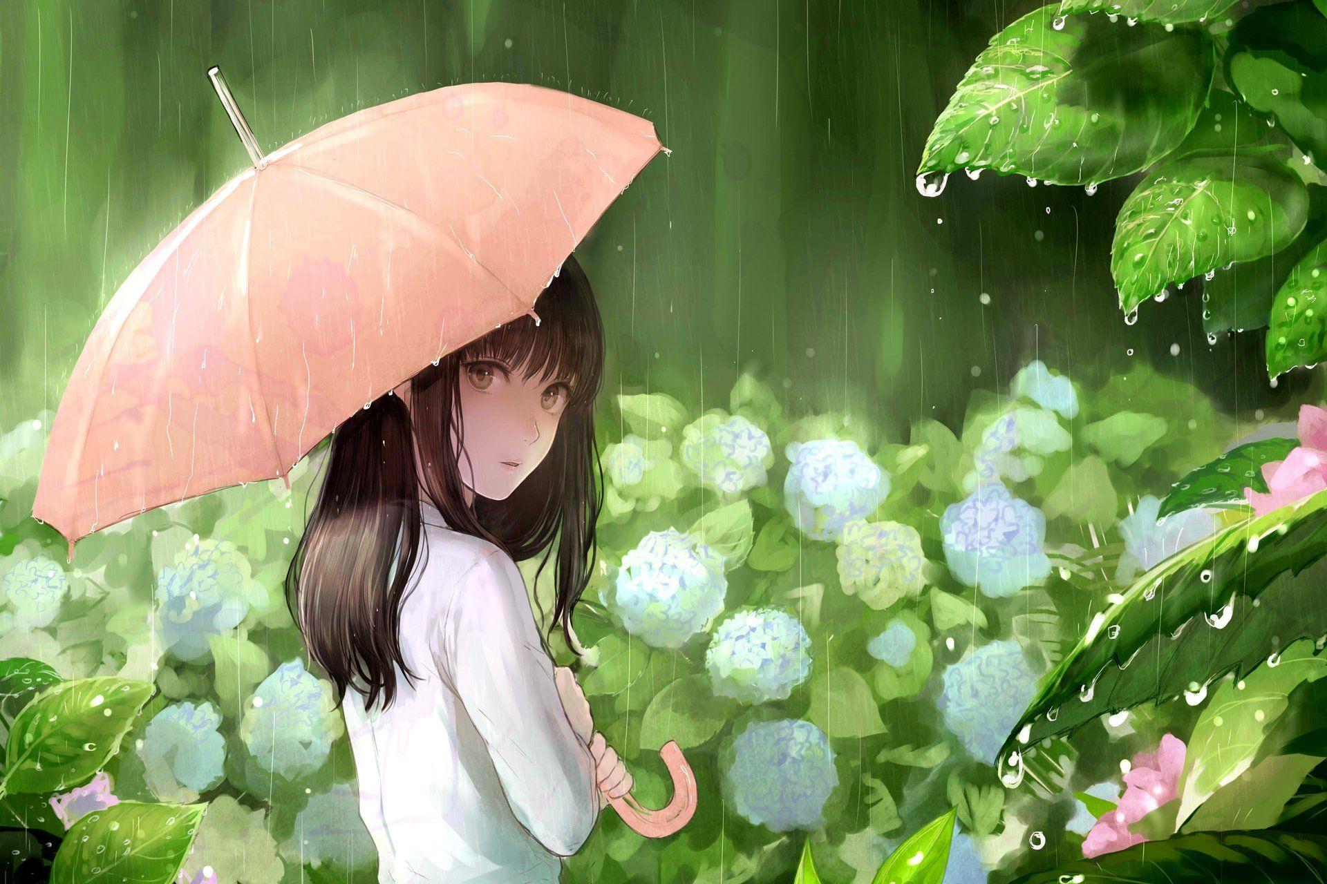 1920x1280 Anime girl umbrella flower pretty cute Spring Rain wallpaper