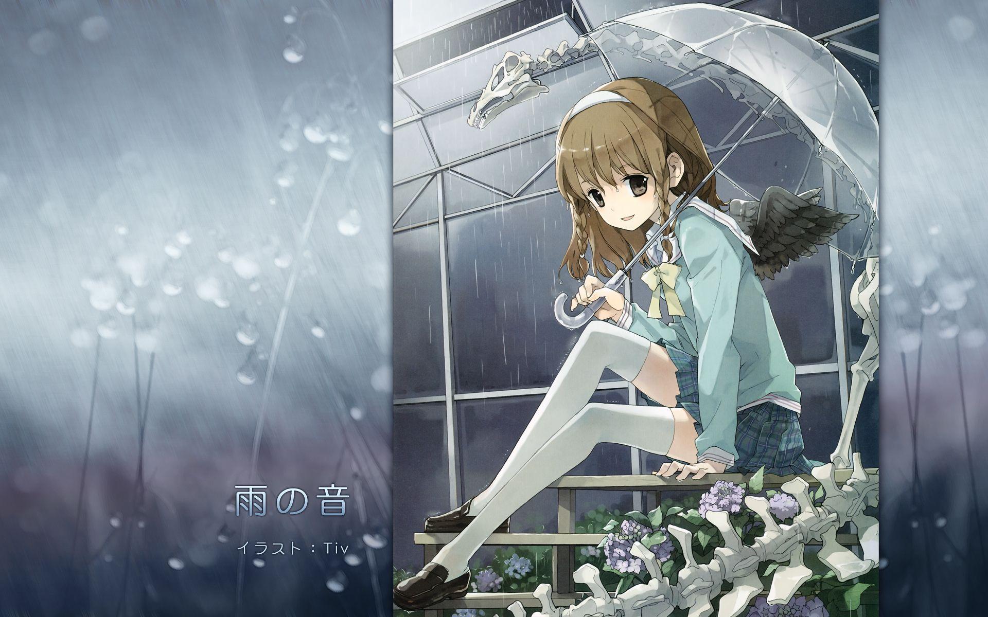 1920x1200 bones braids flowers rain seifuku short hair thighhighs tiv umbrella