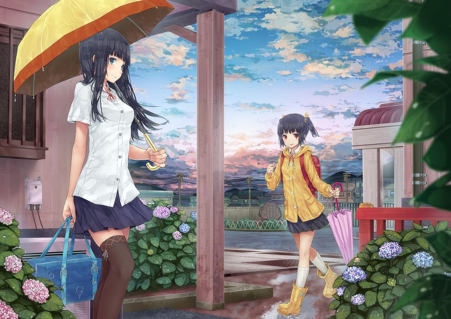 1500x1061 Download wallpaper 1500x1061 girls, umbrella, rain, stockings, skirt