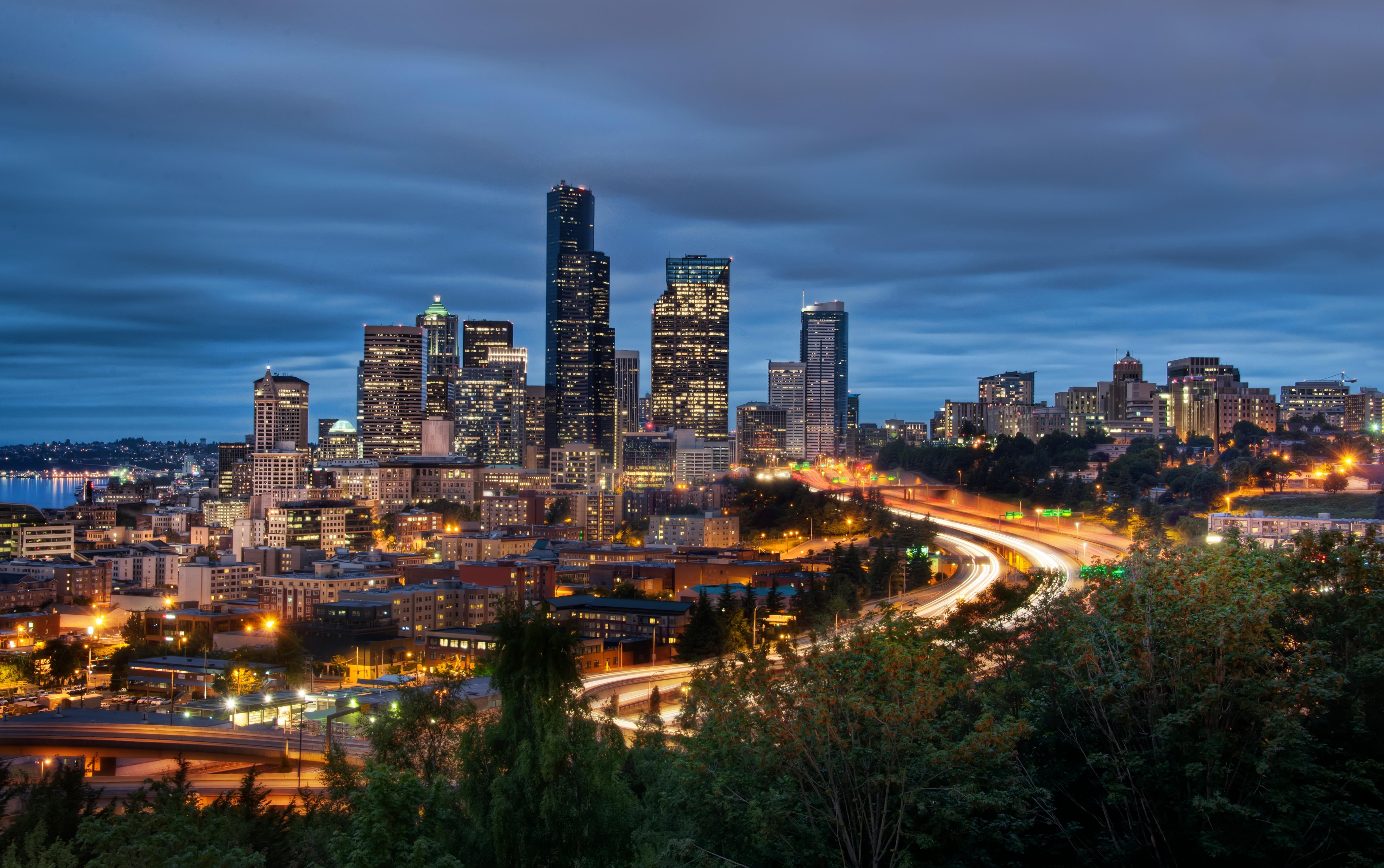 5406x3390 image Cities night time USA Street lights Sky HDR Seattle 5406x3390
