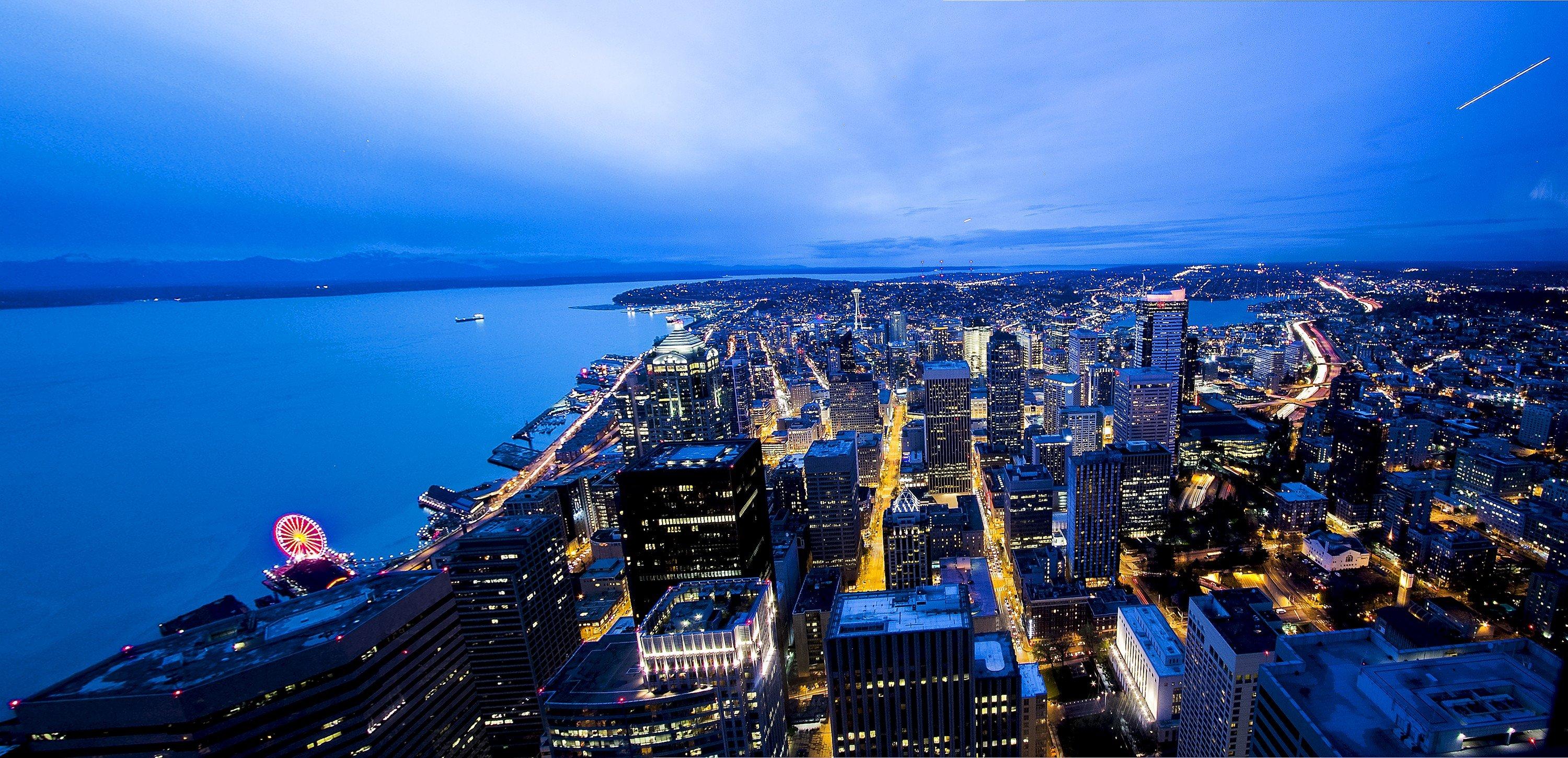3000x1450 Seattle, Washington state, Cityscape, Night, Building, Dusk, Street, Puget Sound, Space Needle HD Wallpaper / Desktop and Mobile Image & Photo