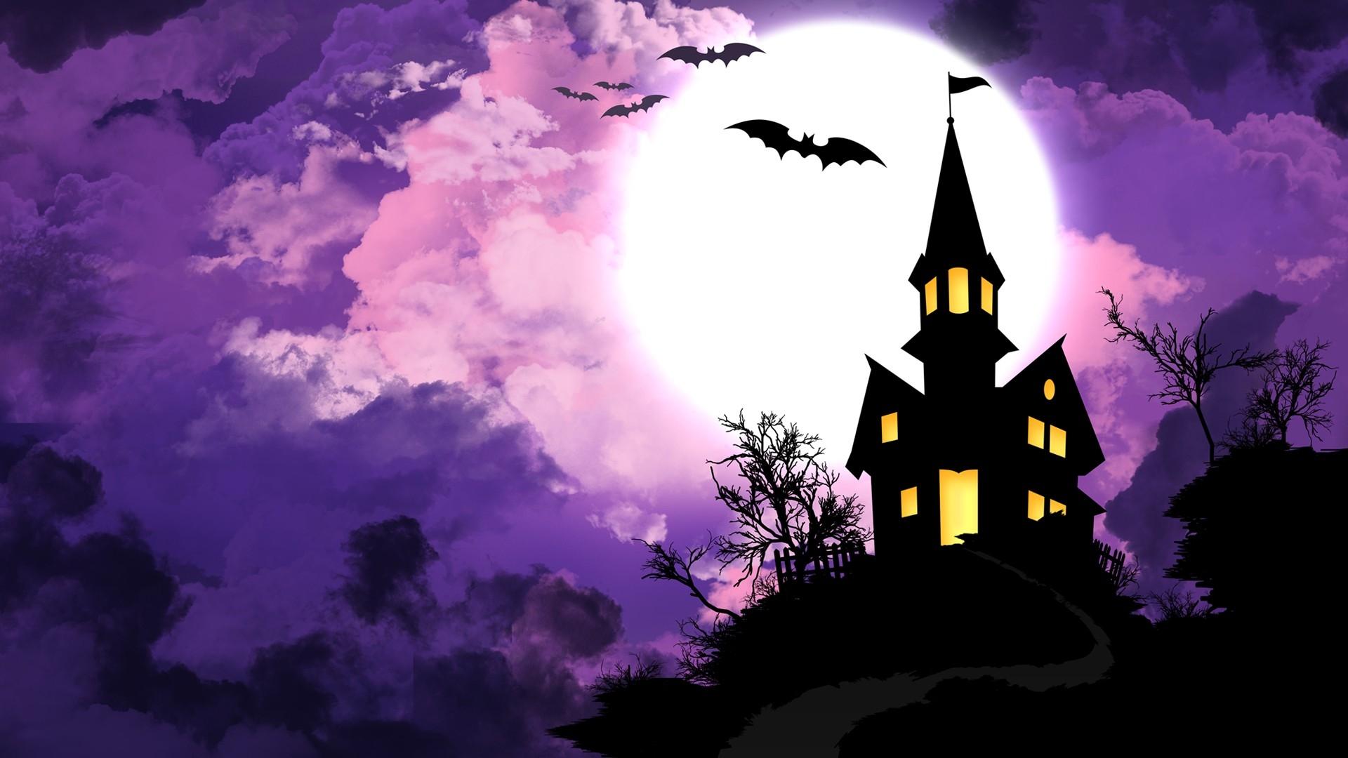 1920x1080 halloween seasons spooky holidays mansion bats purple sky 1920x1080 wallpaper High Quality Wallpaper, High Definition Wallpaper
