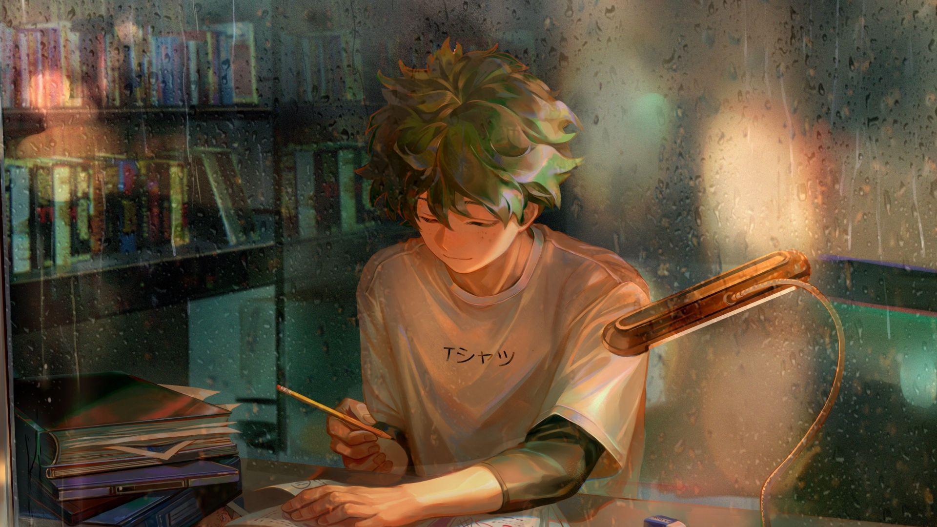 1920x1080 Desktop wallpaper homework, green hair, anime boy, art, izuku midoriya, HD image, picture, background, d29ef5