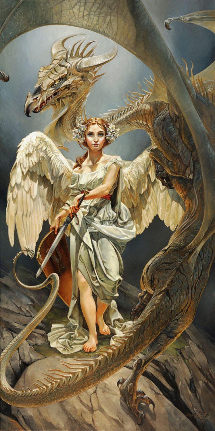 748x1496 temptation, Angel, Fantasy, Wings, Woman, Dress, Flower, Dragon, Sword, Girl Wallpaper HD / Desktop and Mobile Background