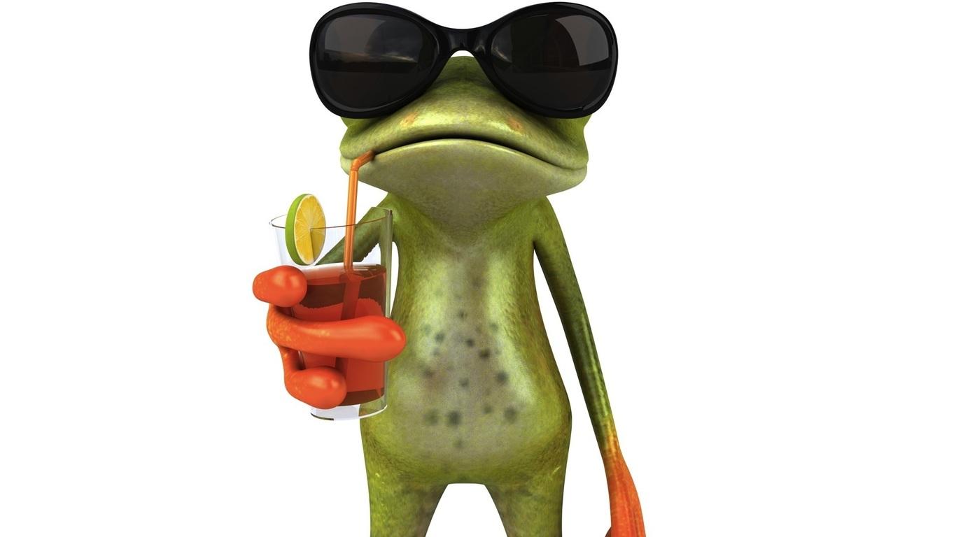 1366x768 Coctel, Frog, Graphics, Glasses, Free Frog 3D, Juice Animated Frog