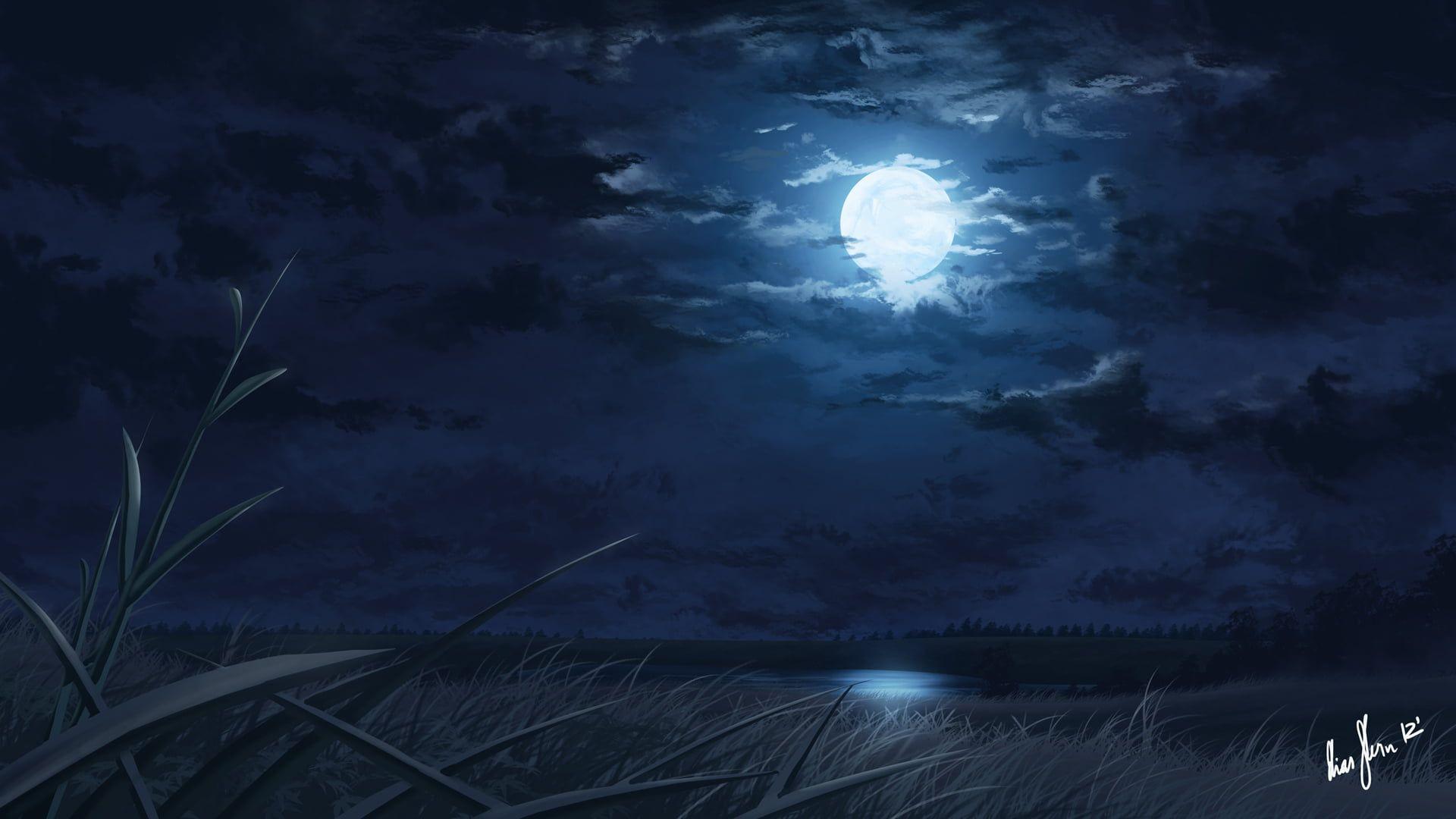 1920x1080 full moon painting #night #Moon #moonlight #lake #reeds #landscape digital art P #wallpaper #hdwall. Anime scenery wallpaper, Anime background, Anime scenery