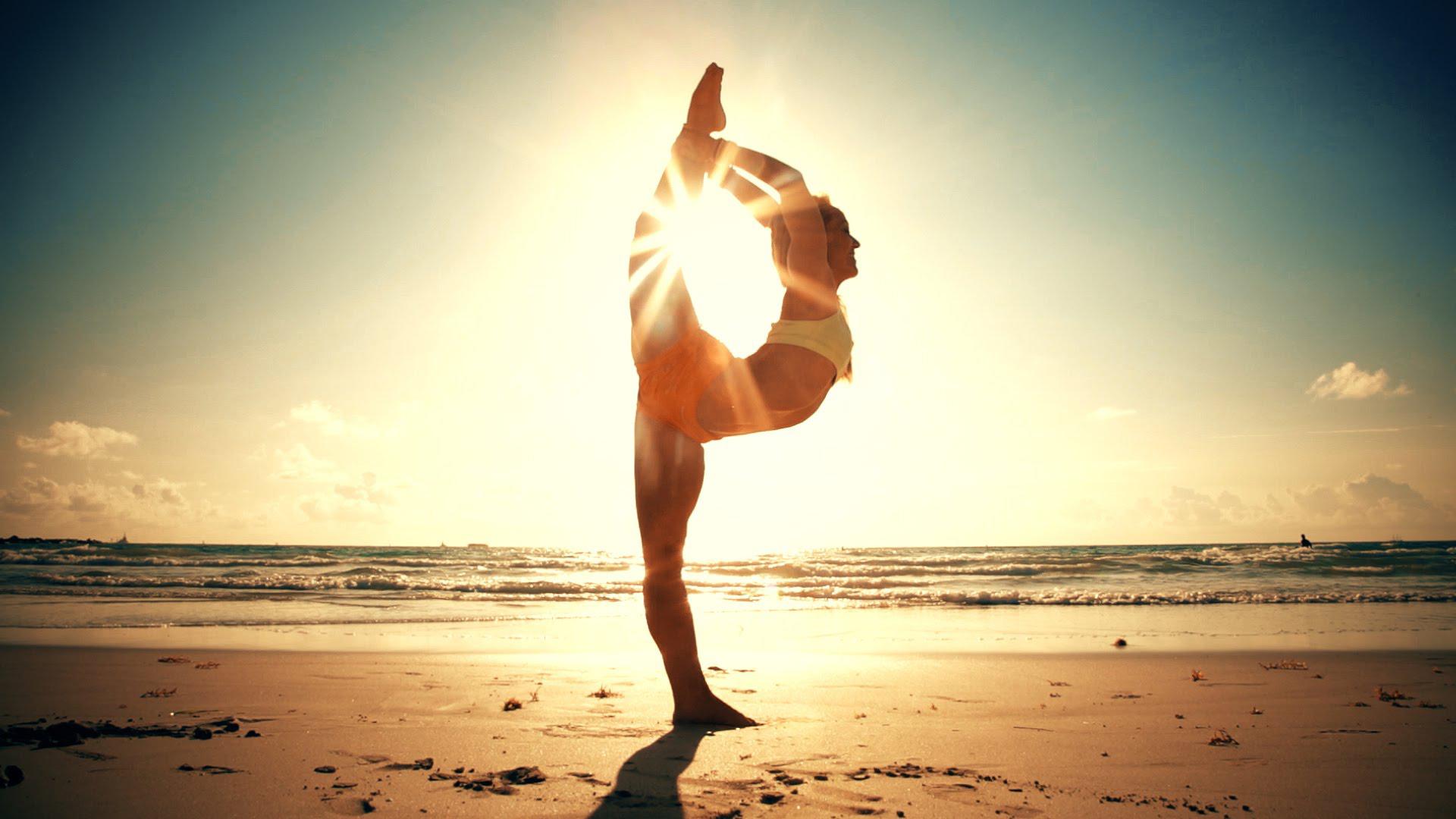 1920x1080 Yoga Pose with Sun Backlight in Beach Wallpaper. Wallpaper Download. High Resolution Wallpaper
