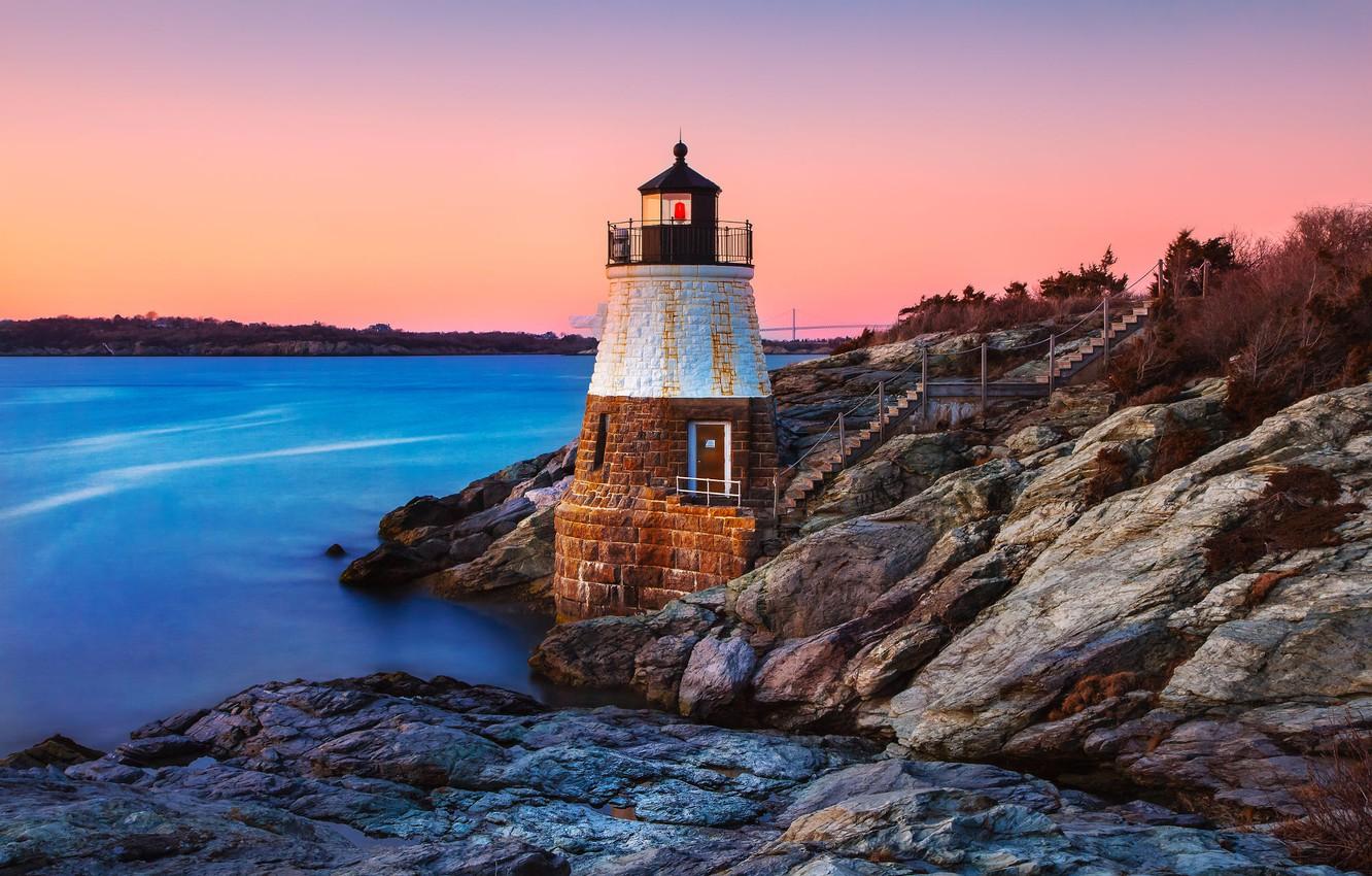 1332x850 Wallpaper landscape, sunset, stones, the ocean, rocks, shore, vegetation, lighthouse, the evening, ladder, USA, Newport, Rhode Island image for desktop, section пейзажи