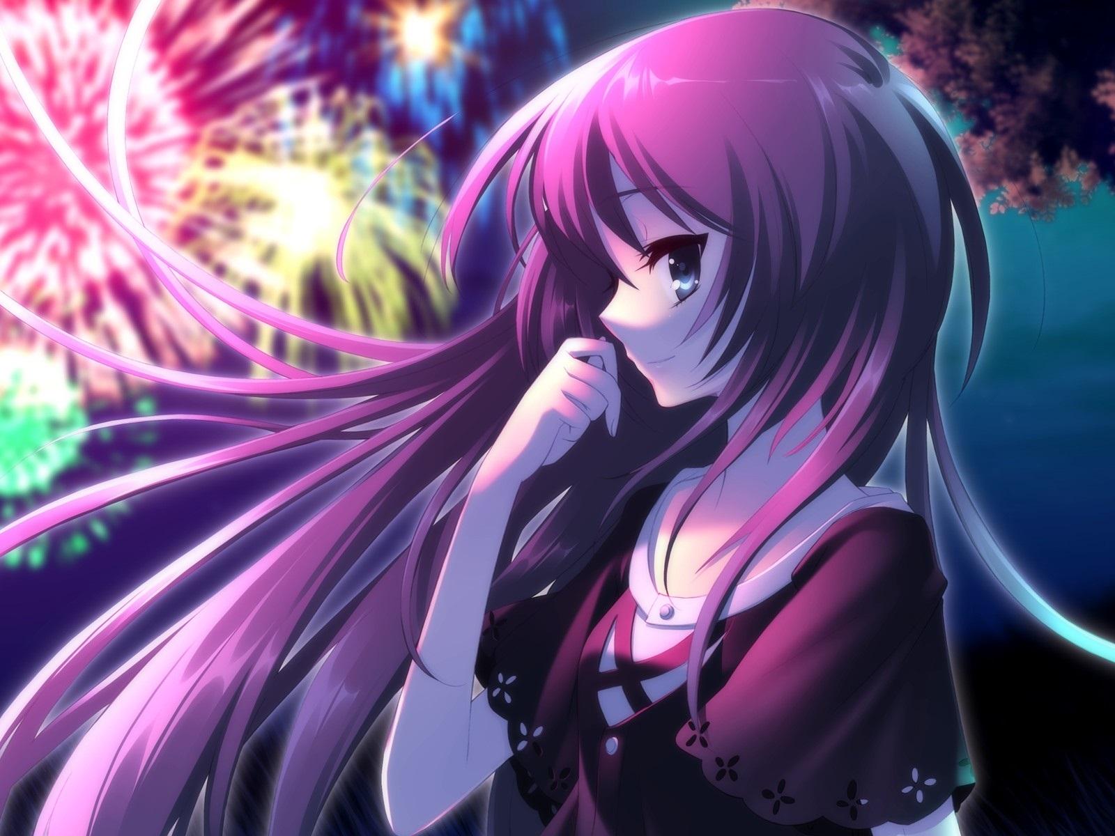 1600x1200 Wallpaper Beautiful purple hair anime girl, fireworks 1920x1200 HD Picture, Image