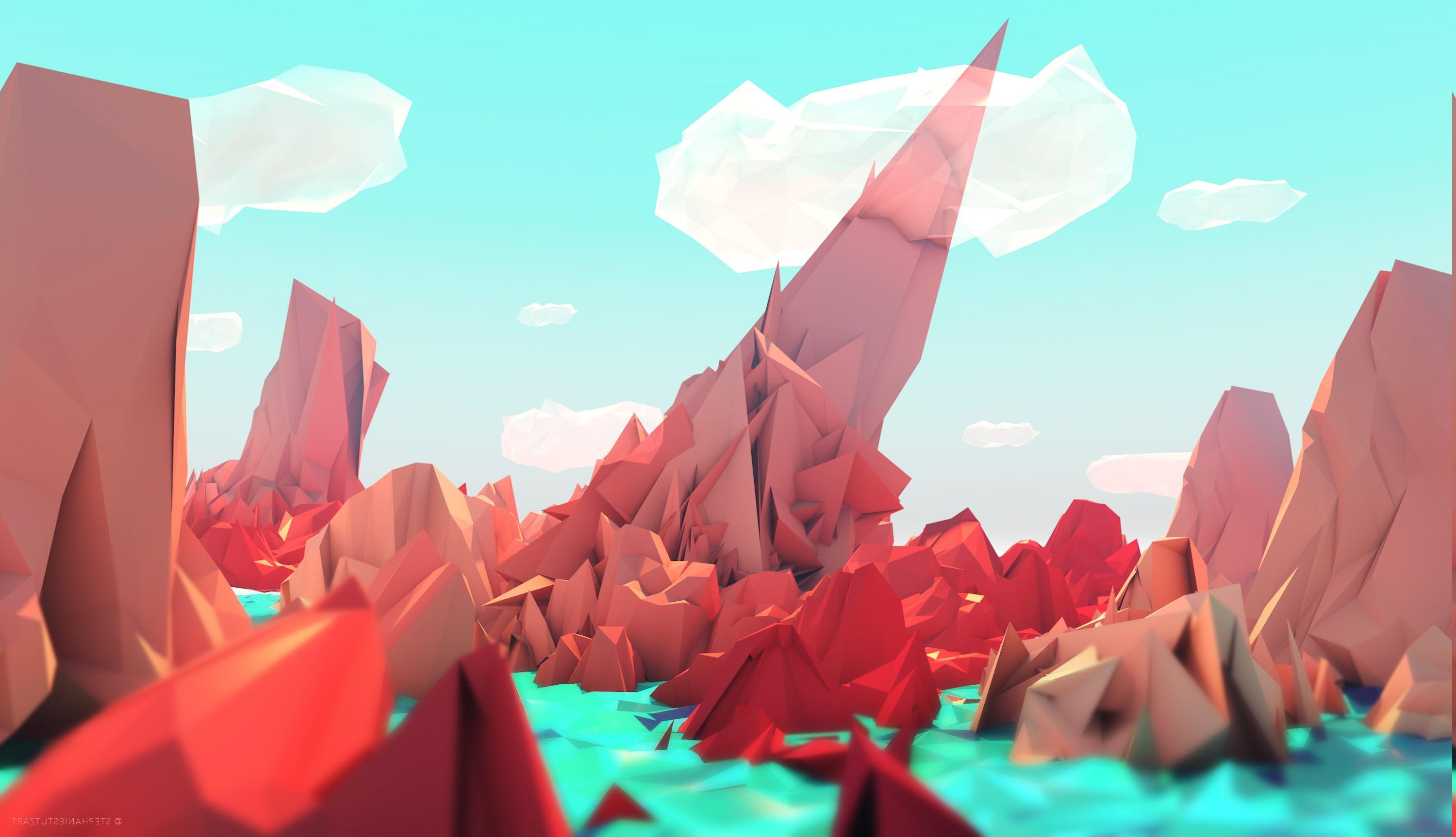 3000x1725 low Poly, Landscape, Digital Art, Artwork, Red, Blue Wallpaper HD / Desktop and Mobile Background