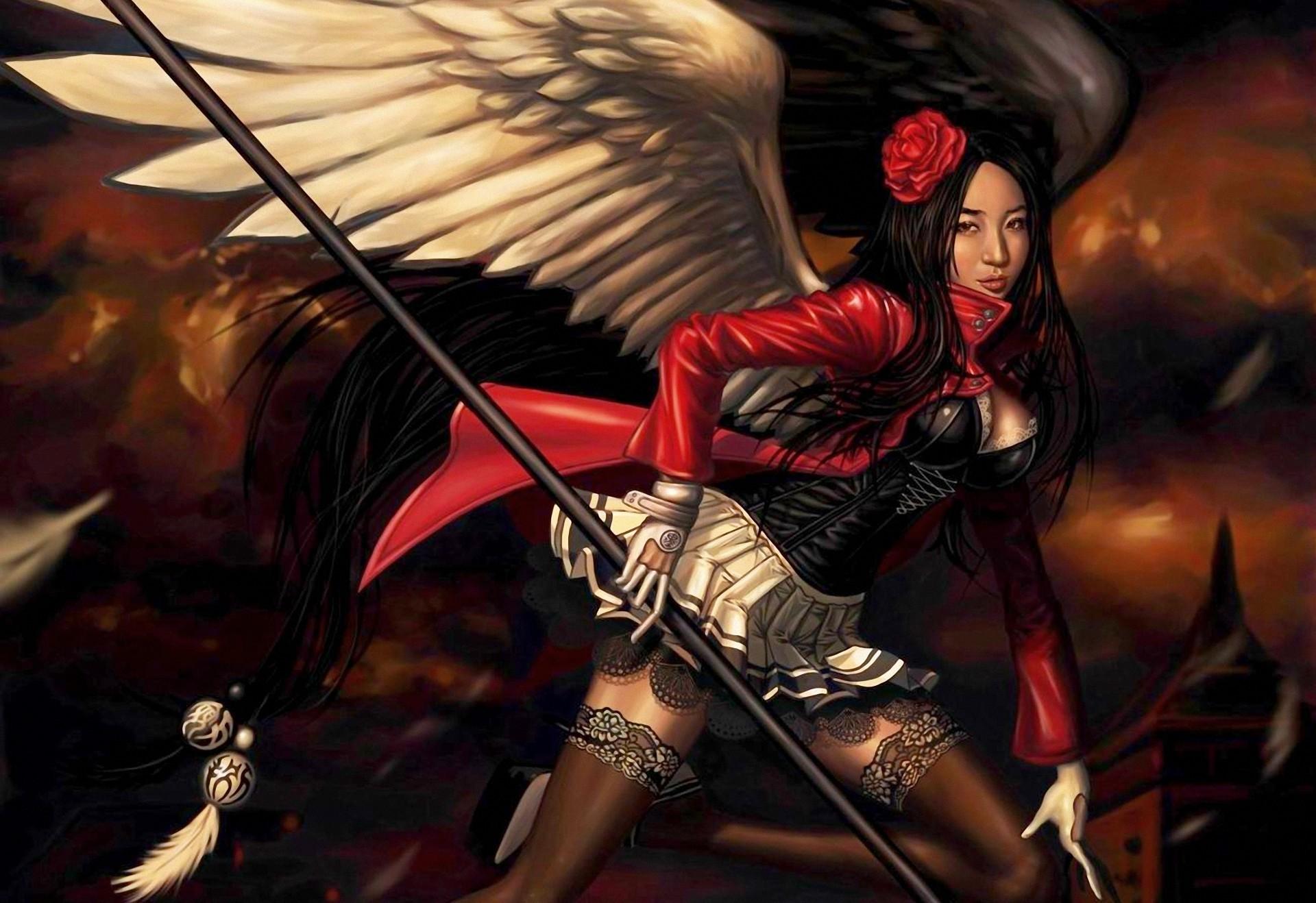 1920x1318 gothic, Angel, Wings, Girl, Fantasy, Dark, Stockings, Weapons, Asian, Orienatl, Women, Females, Girls, Brunettes Wallpaper HD / Desktop and Mobile Background