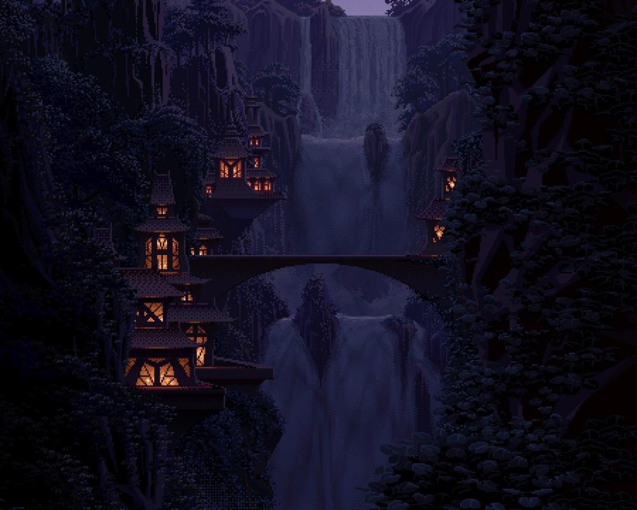 1280x1024 Download 1280x1024 Game Landscape, Pixel Art, Waterfall, Valley, Houses Wallpaper
