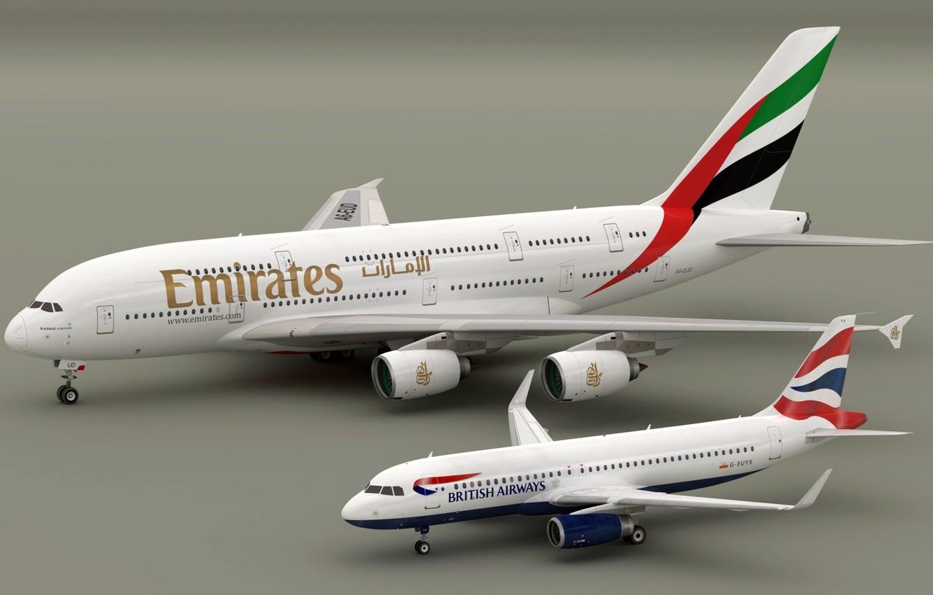 1332x850 Wallpaper models, Airbus A320 British Aiways, Airbus A380 Emirates, Blender3D image for desktop, section авиация