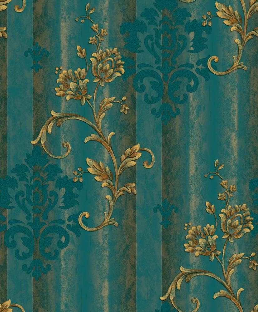 828x1000 Dundee Deco Falkirk Ophia 57.75 Sq Ft Gold, Teal Vinyl Floral Stripe Unpasted Wallpaper In The Wallpaper Department At