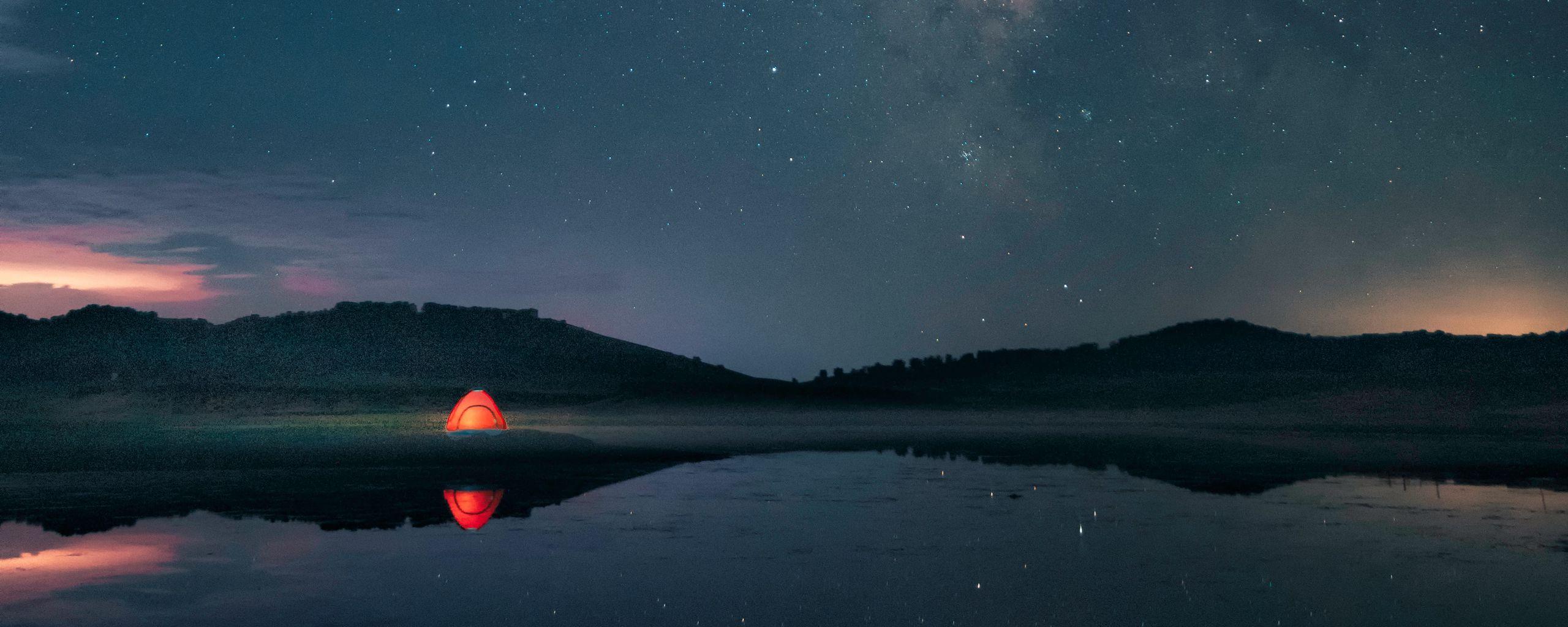 2560x1024 Download wallpaper 2560x1024 night, lake, stars, tent, camping ultrawide monitor HD background