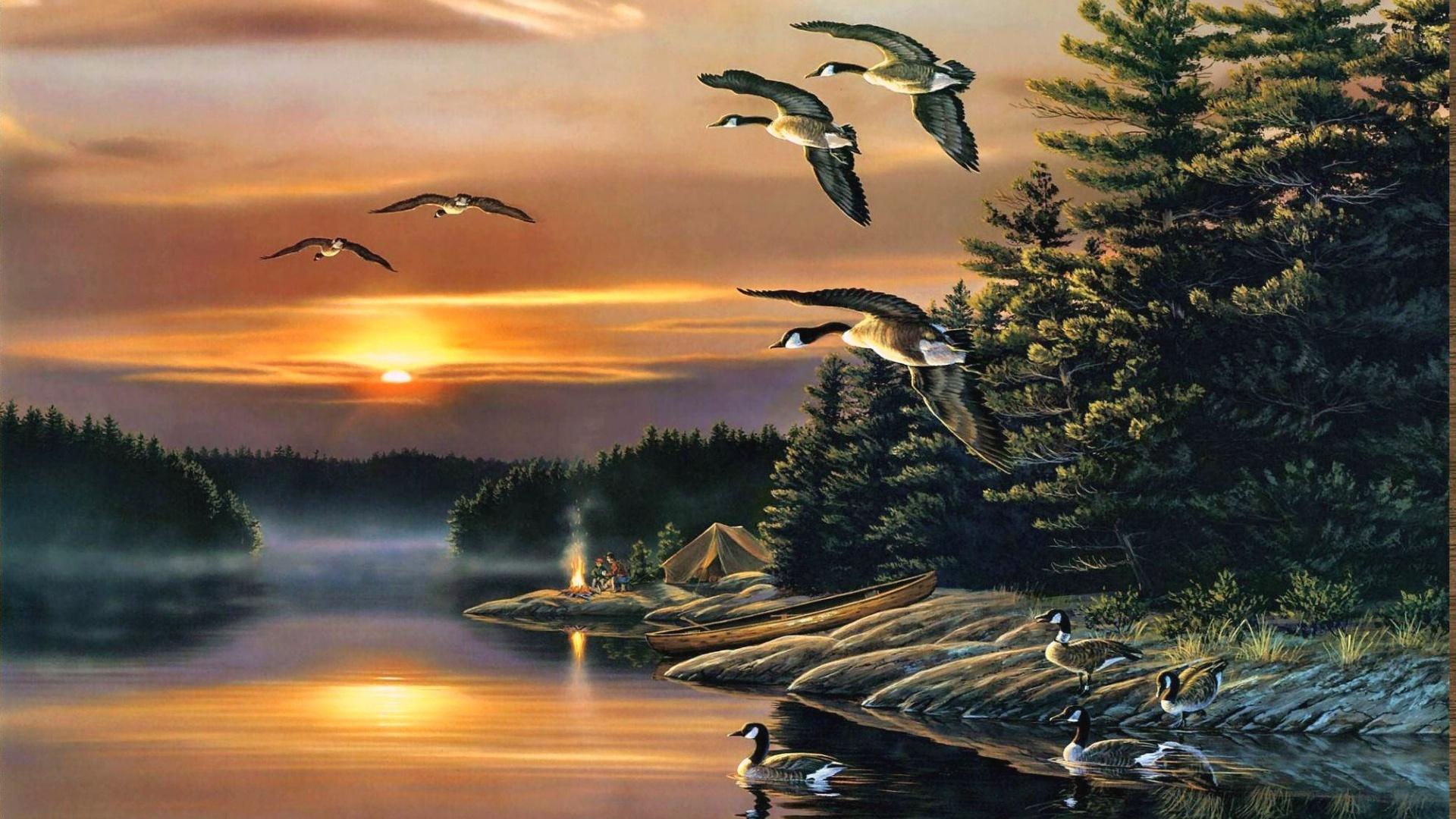 1920x1080 Wood Camping Lake Ducks Sunset desktop PC and Mac wallpaper