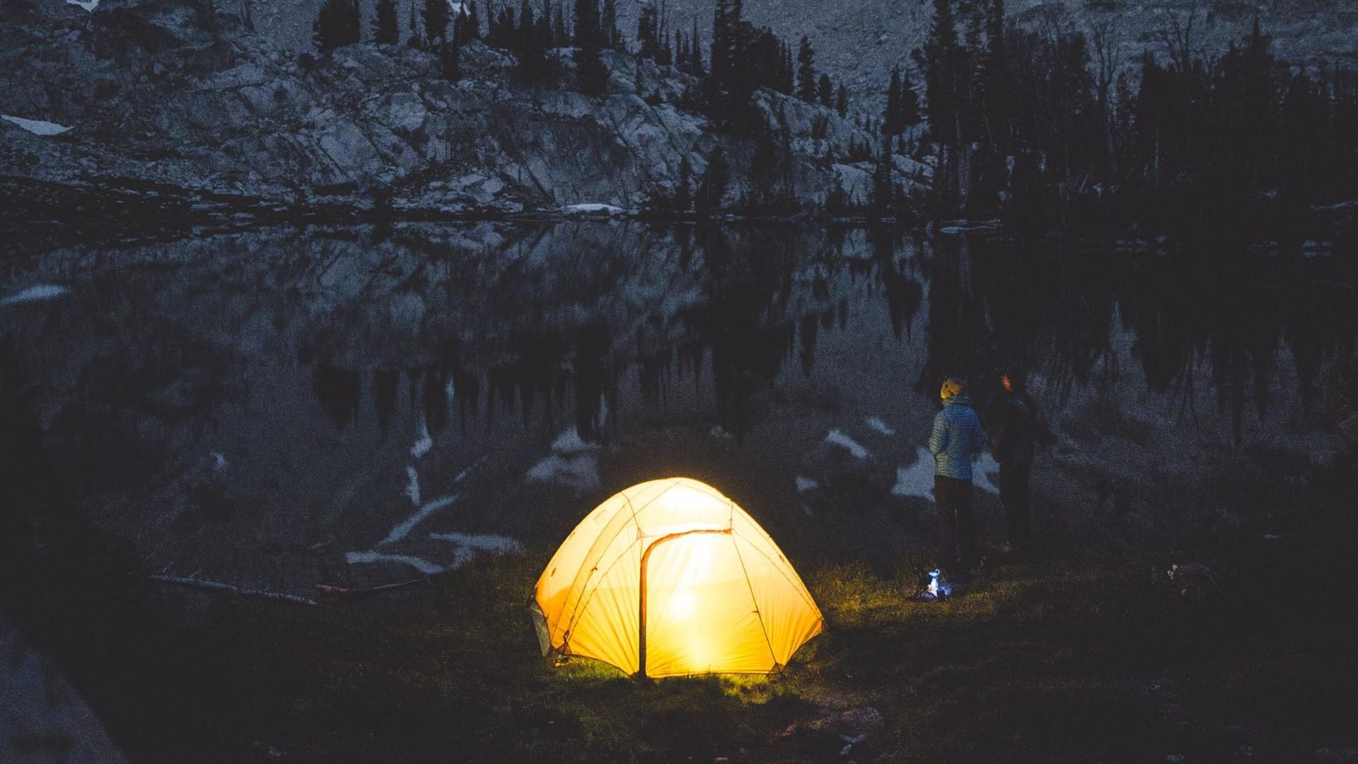 1920x1080 Camping, tent, mountains, lake, night, people. picture, photo, desktop wallpaper