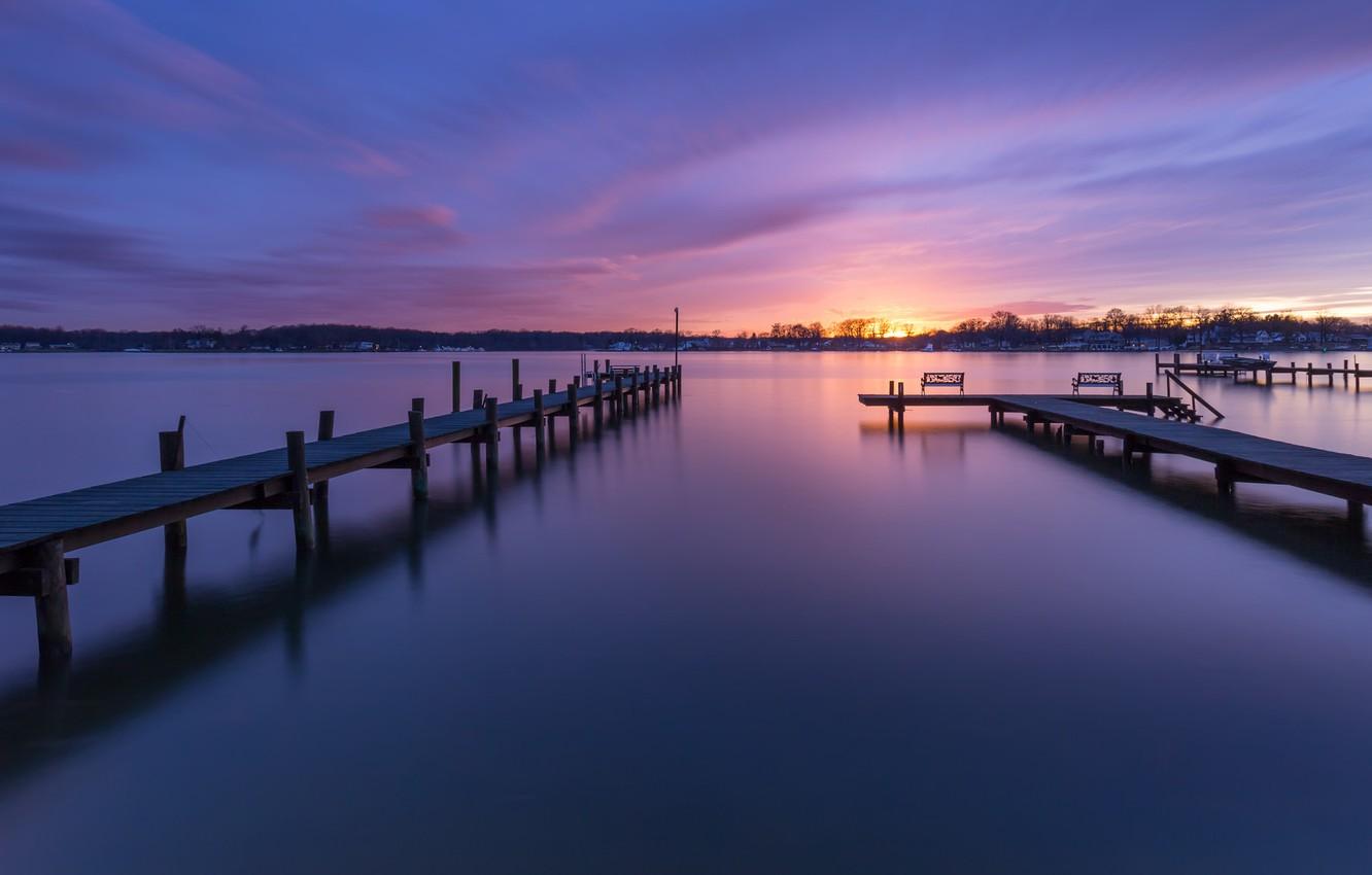 1332x850 Wallpaper the sky, clouds, sunset, river, shore, the evening, USA, USA, bridges, benches, river, district, Baltimore, Baltimore, Maryland, Maryland image for desktop, section пейзажи