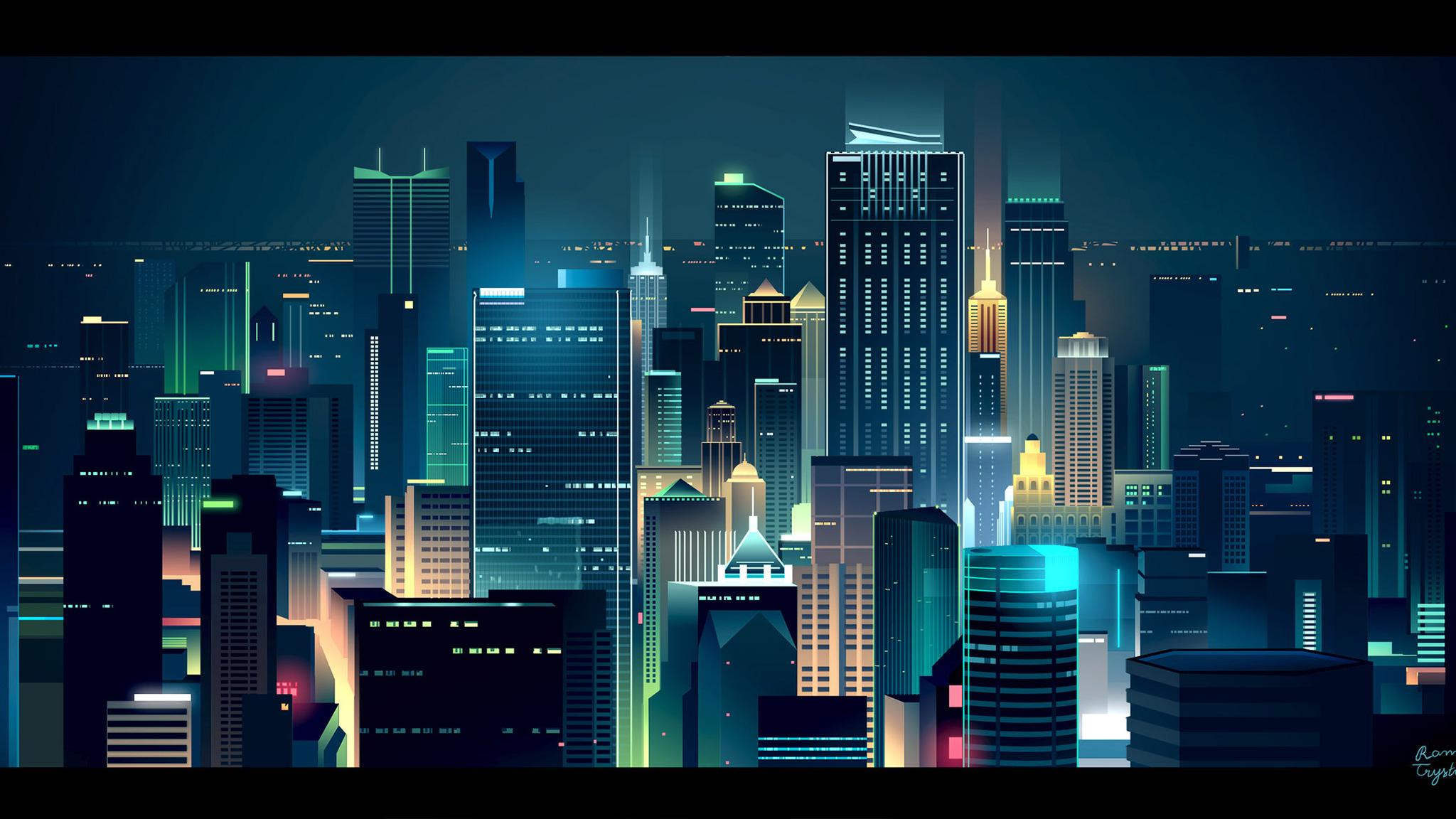 2048x1152 Buildings Lights Skyline Minimalist 2048x1152 Resolution HD 4k Wallpaper, Image, Background, Photo and Picture