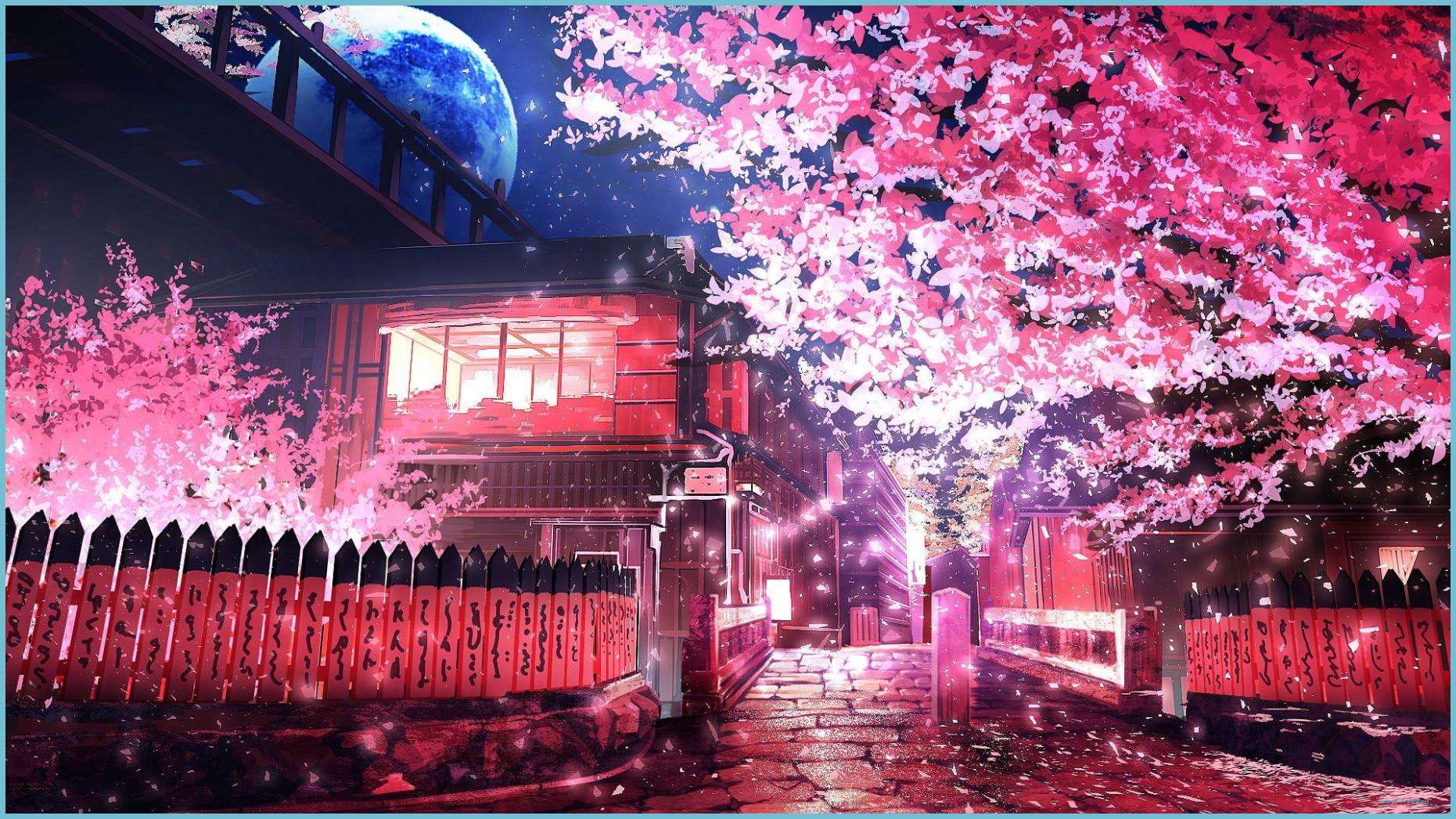 1861x1047 Pink Leafed Tree #anime Sakura (tree) #road P #wallpaper Trees Wallpaper