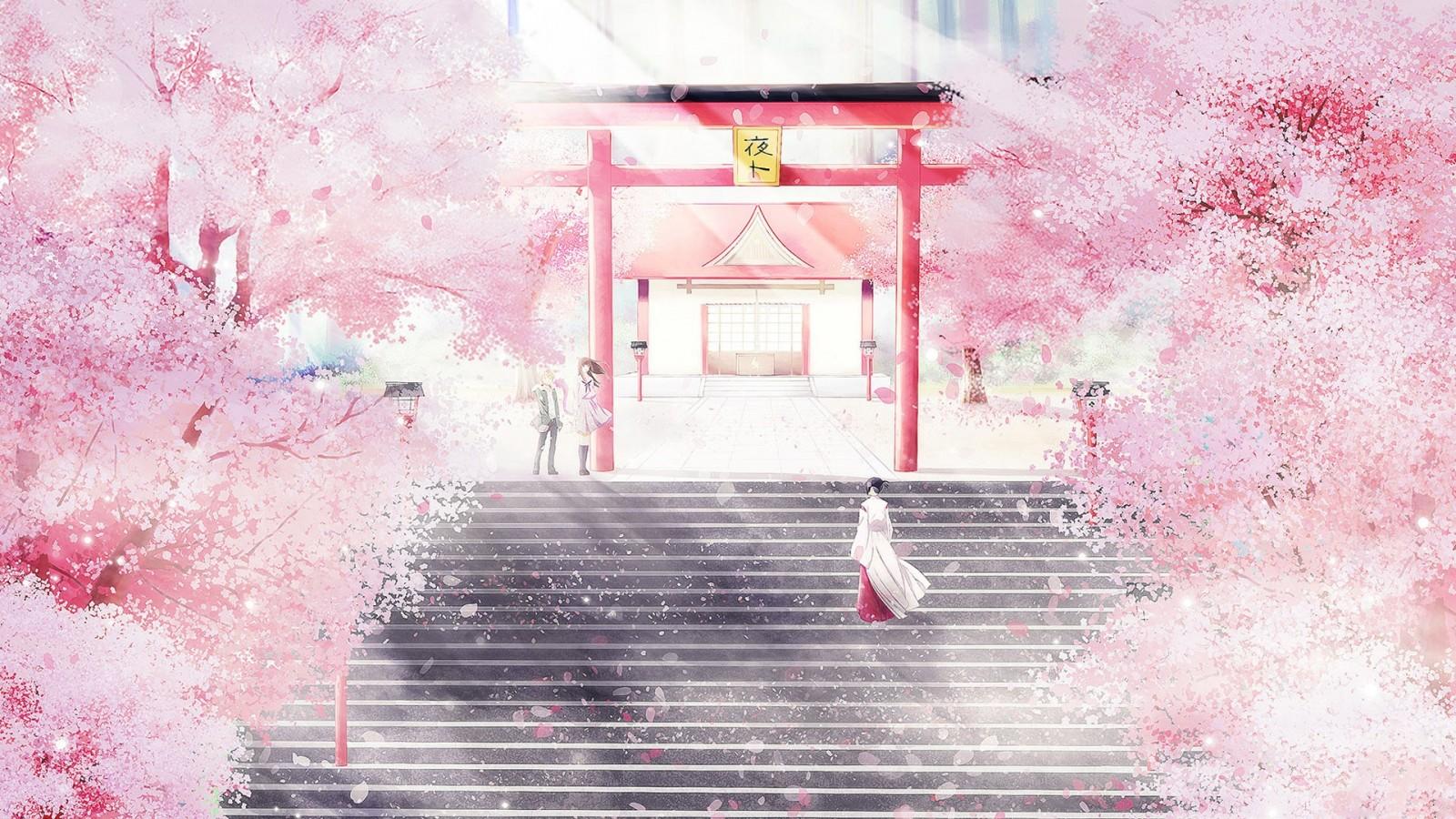 1600x900 #cherry blossom, #Noragami, #cherry trees, #Iki Hiyori, #shrine, wallpaper. Mocah HD Wallpaper