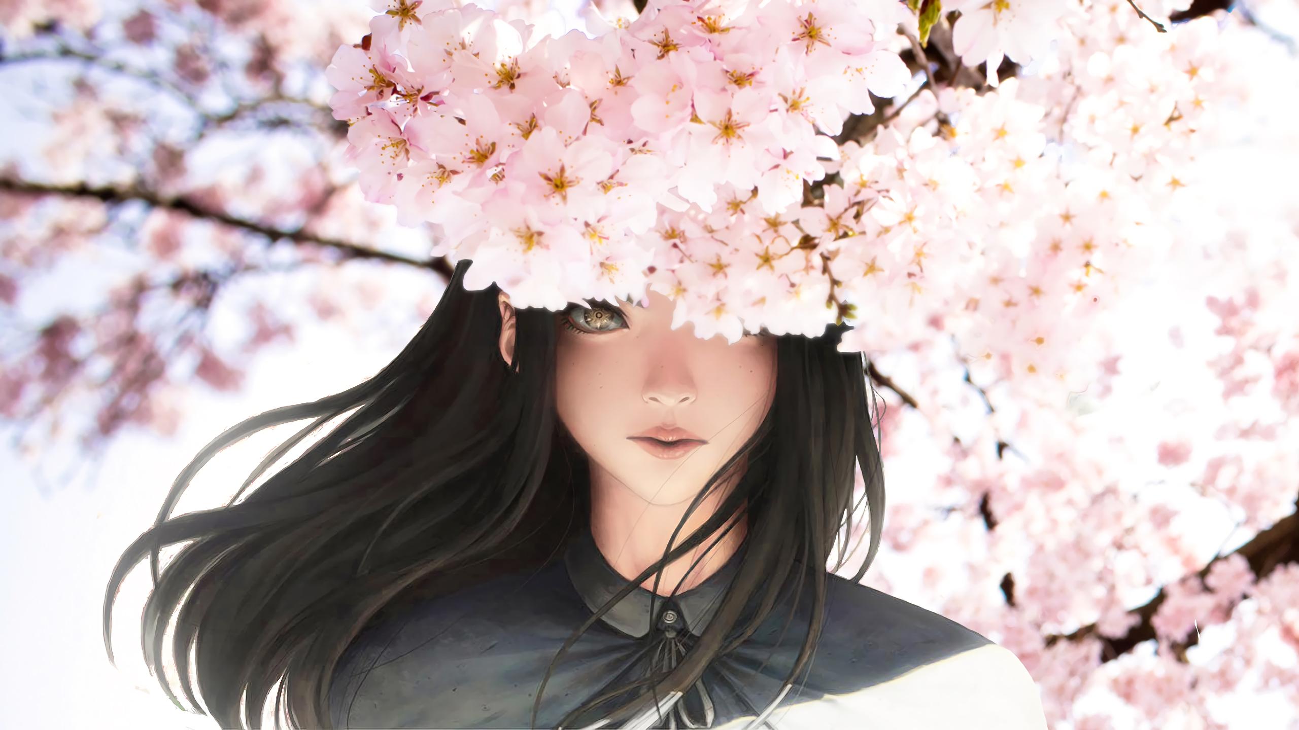 2560x1440 #Beautiful, #Anime girl, #Sakura, #Cherry blossom. Mocah HD Wallpaper