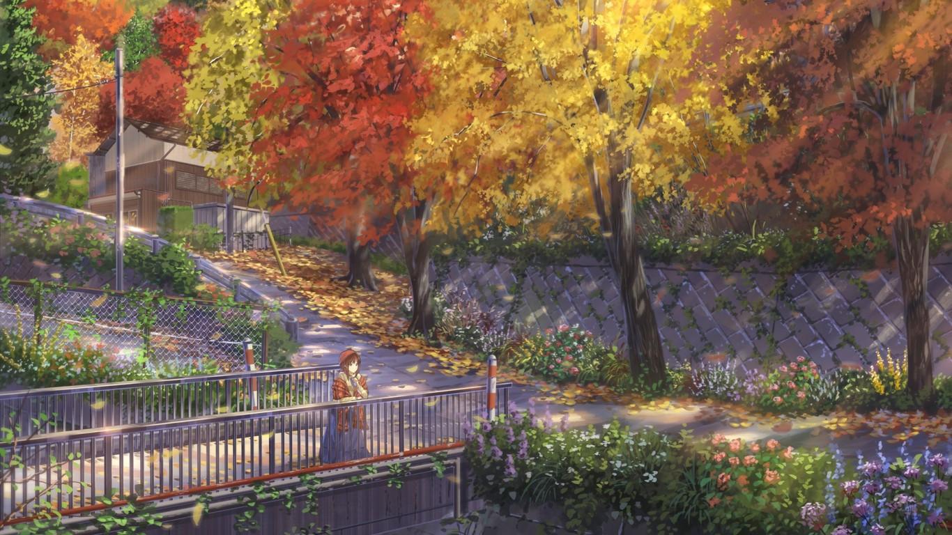 1366x768 Download 1366x768 Anime Streets, Landscape, Scenic, Autumn, Girl, Bridge, Flowers Wallpaper for Laptop, Notebook