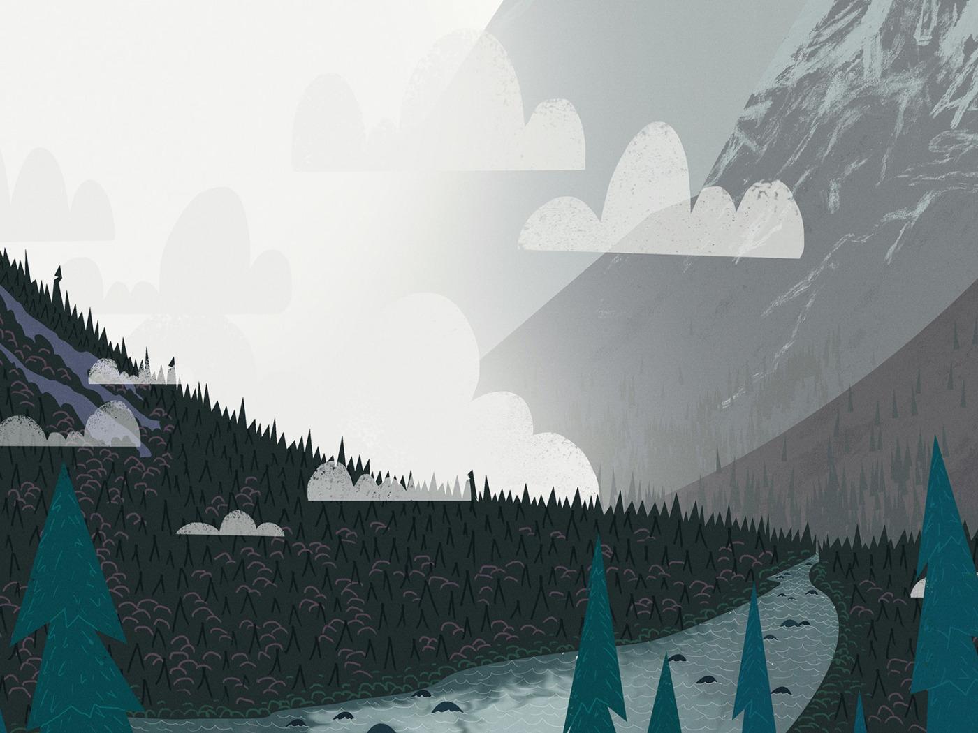 1400x1050 Download wallpaper Mountains, Fog, River, Landscape, Art, Tree, Trees, Cartoon, Environment, by Andrey Syailev, Andrey Syailev, Fog section art in resolution 1400x1050