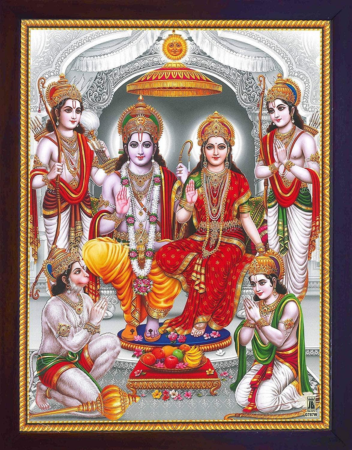 1174x1500 Amazon.com Ram Darbar, A Hindu and Holy Religious Auspicious Gathering of Lord Ram, Sita and Laxman with Lord Hanuman Worshiping, Hindu Religious Poster with Frame for Hindu Religious and Gift