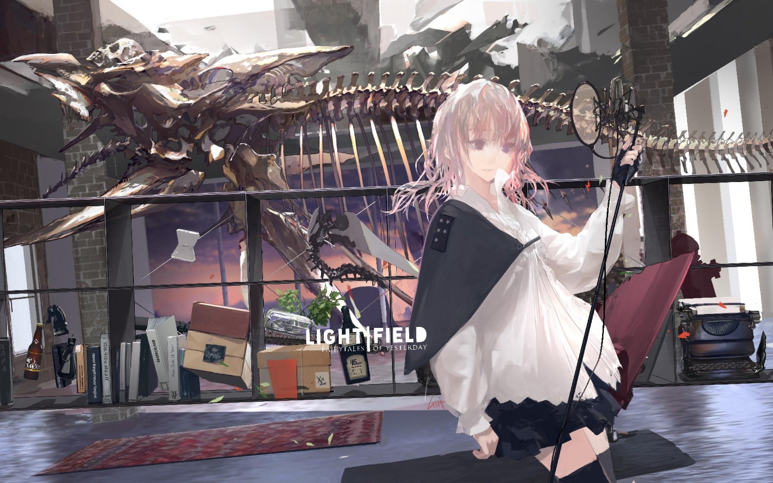 2560x1600 Download 2560x1600 Anime Girl, Dinosaur Skeleton, Painting Wallpaper for MacBook Pro 13 inch
