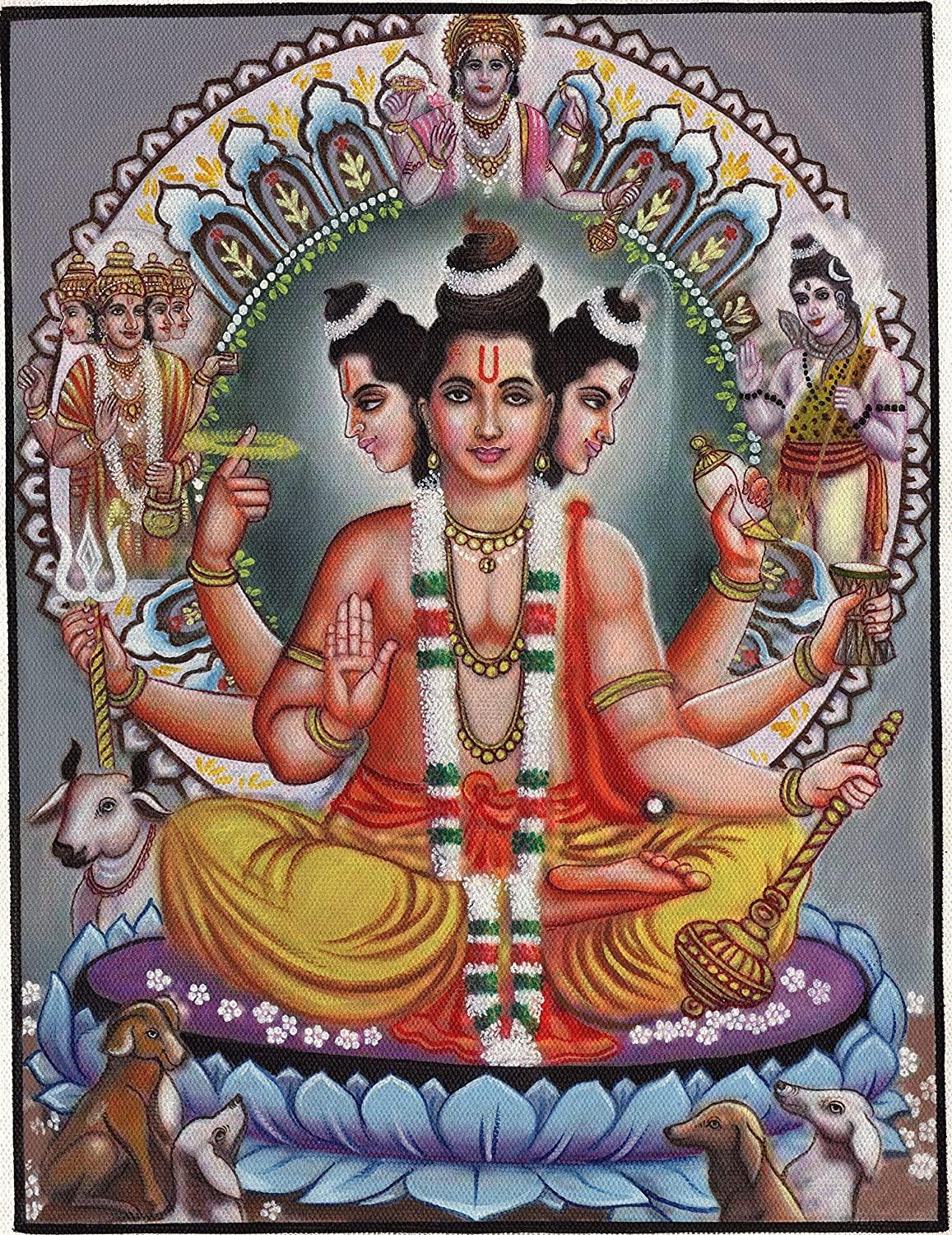 1157x1500 Brahma Vishnu Shiva Trimurti Painting Handmade Hindu Holy Deity Dattatreya Art: Paintings