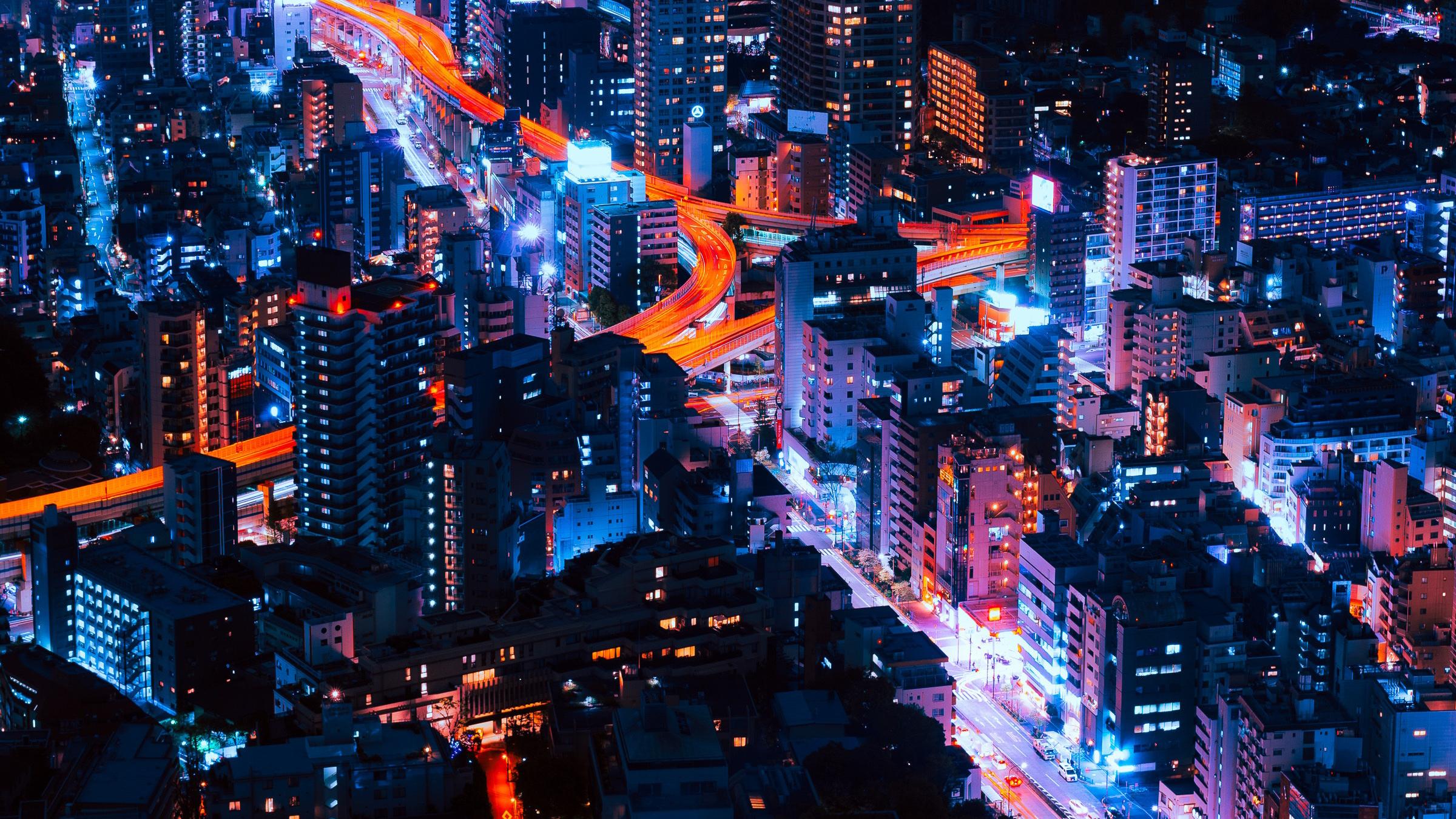 2400x1350 City, Japan, Building, Time Lapse, Light, Tokyo, Night Wallpaper