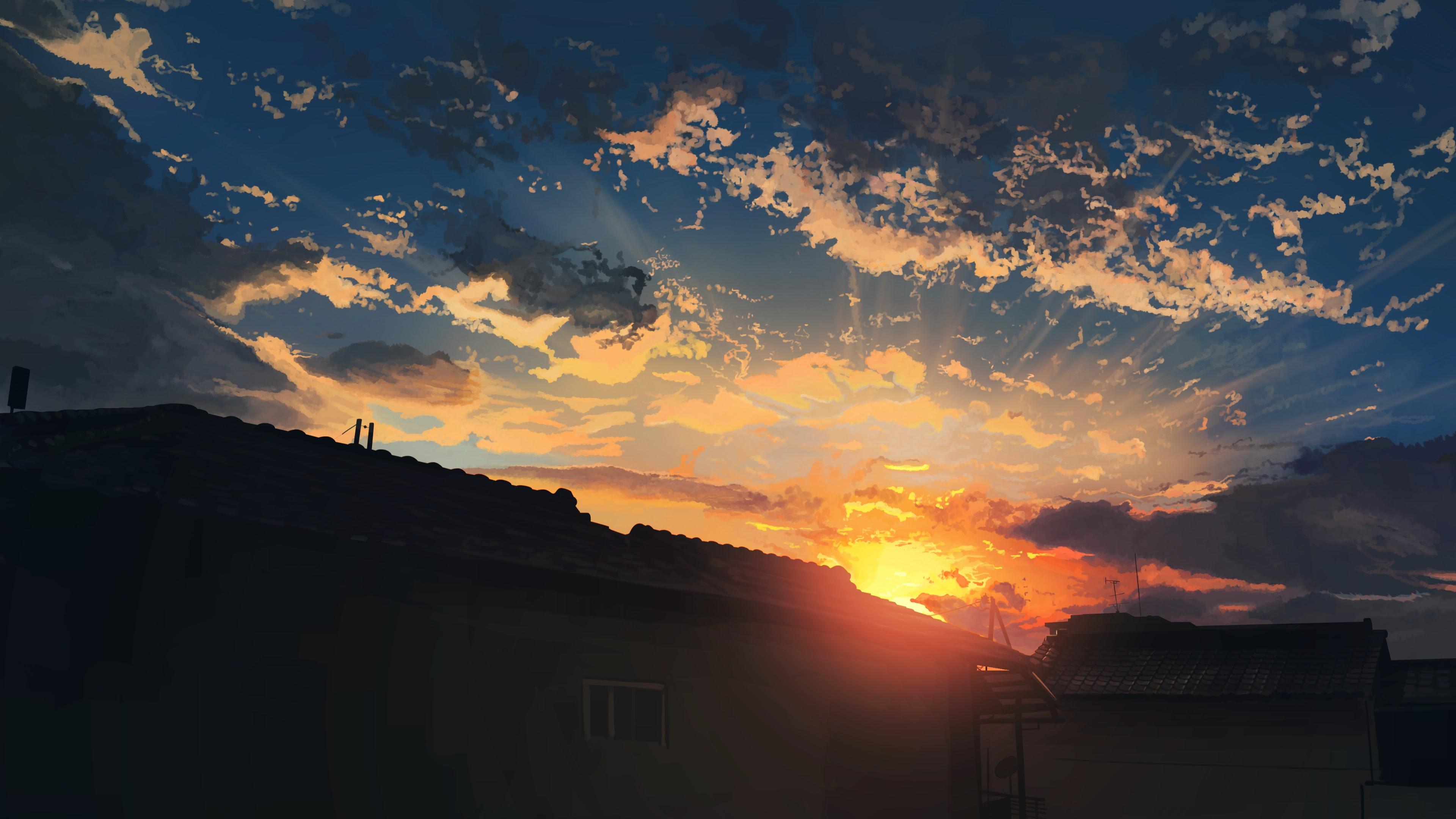 3840x2160 Anime Scenery Sunrise Clouds Sky 4K Wallpaper
